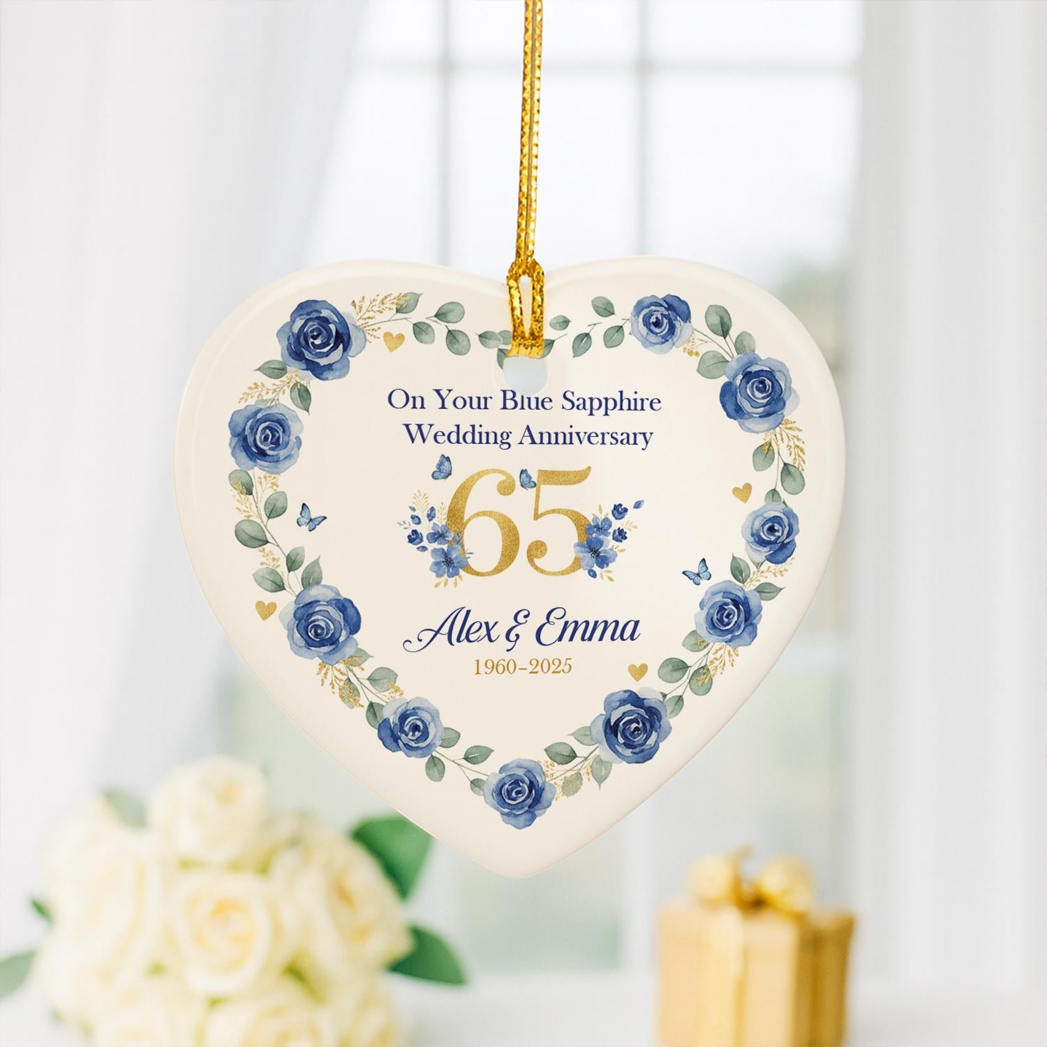65th Anniversary Ornament – Personalized Blue Sapphire Wedding Ceramic Heart Gift