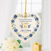 65th Anniversary Ornament – Personalized Blue Sapphire Wedding Ceramic Heart Gift
