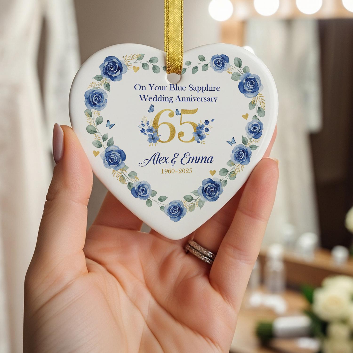 65th Anniversary Ornament – Personalized Blue Sapphire Wedding Ceramic Heart Gift