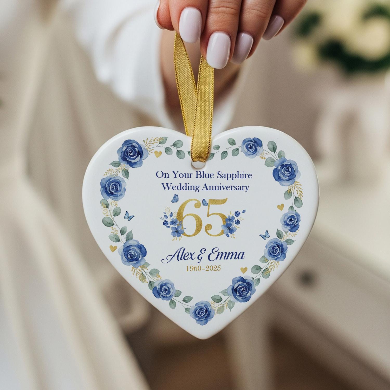 65th Anniversary Ornament – Personalized Blue Sapphire Wedding Ceramic Heart Gift