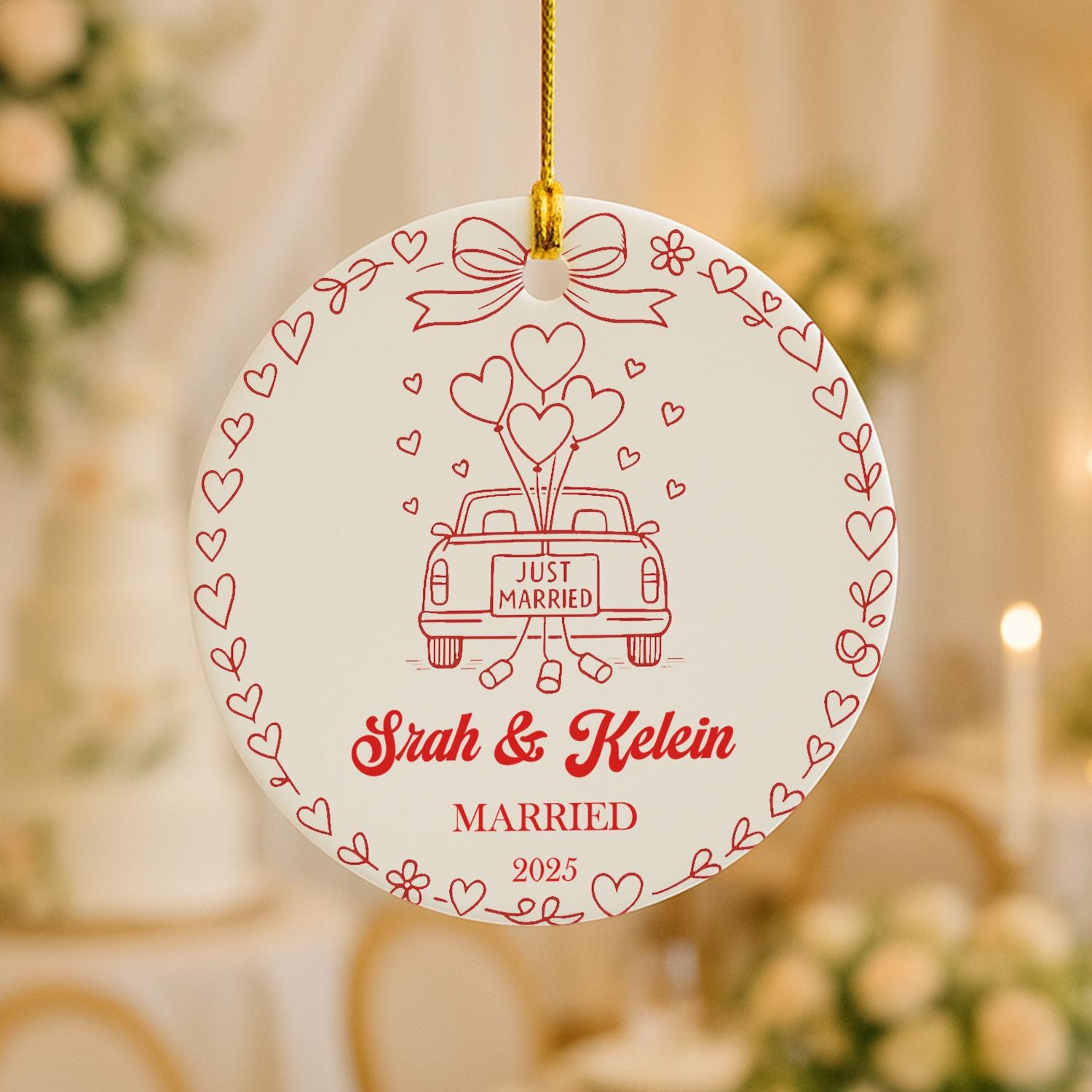 Personalized Wedding Ornament – Just Married Couple Custom Ceramic Keepsake with Names & Year