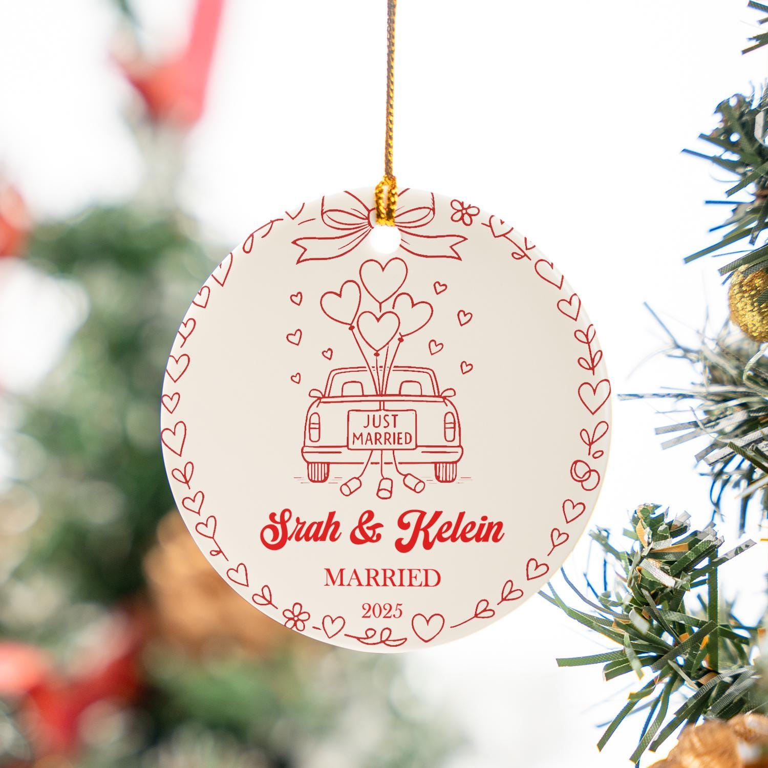 Personalized Wedding Ornament – Just Married Couple Custom Ceramic Keepsake with Names & Year