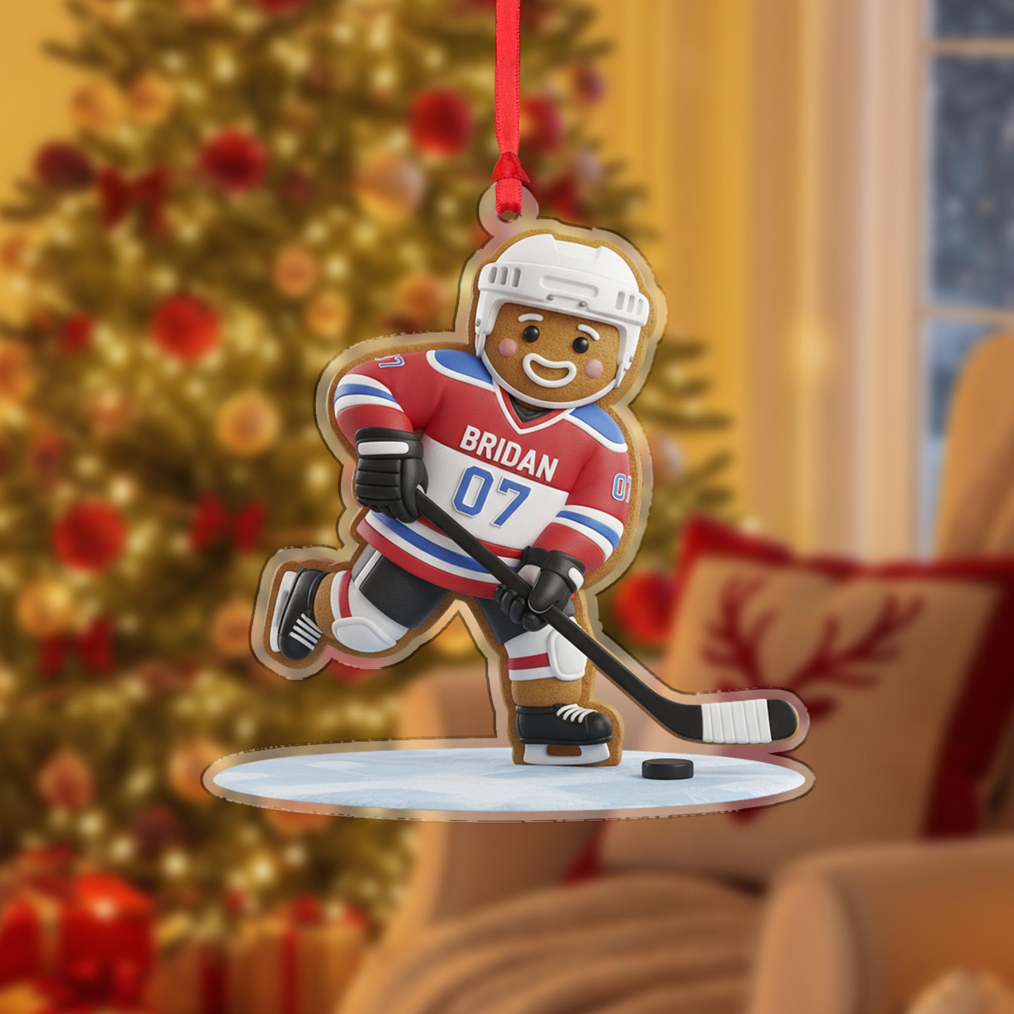 Personalized Hockey Ornament – Custom Gingerbread Player Christmas Gift with Name & Number