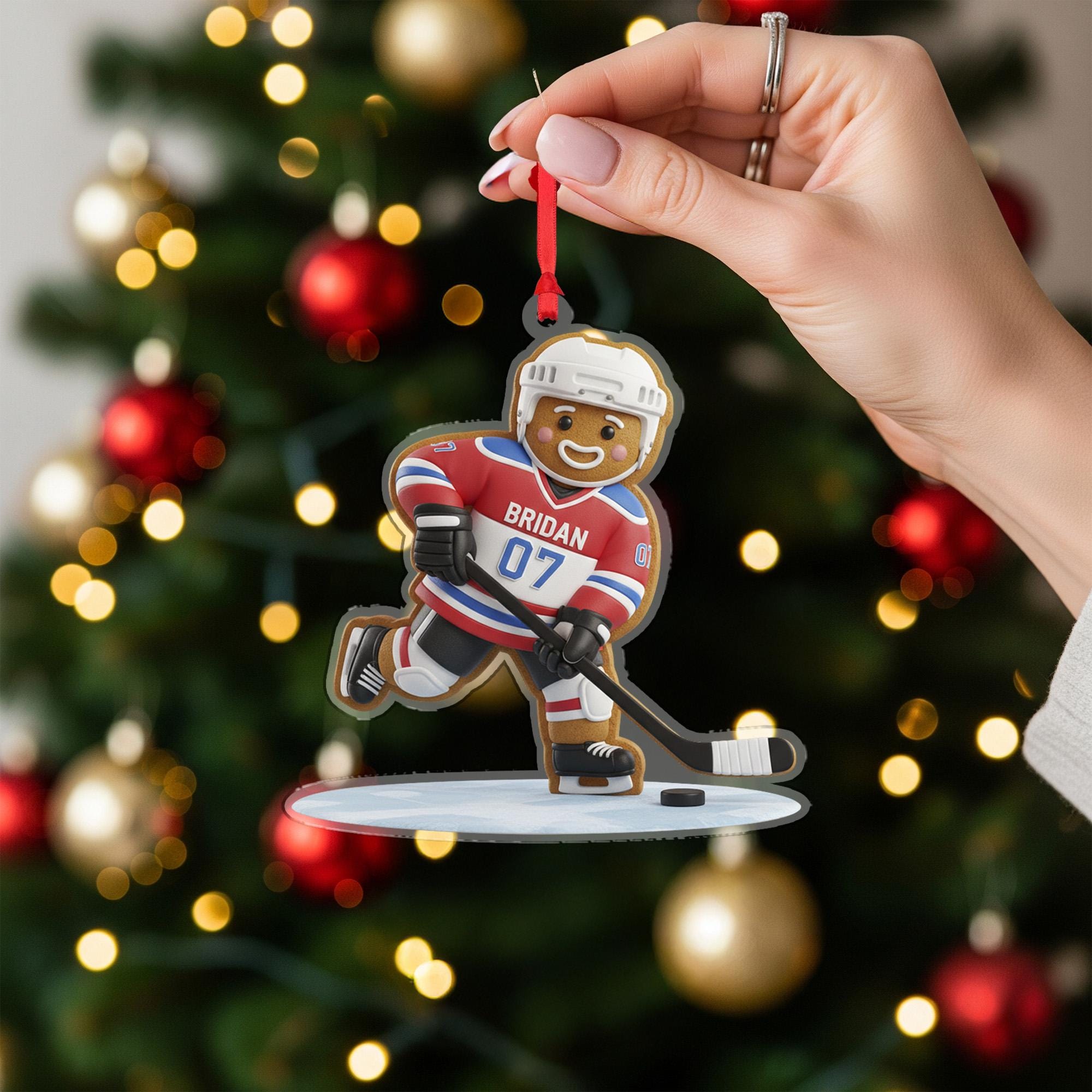 Personalized Hockey Ornament – Custom Gingerbread Player Christmas Gift with Name & Number