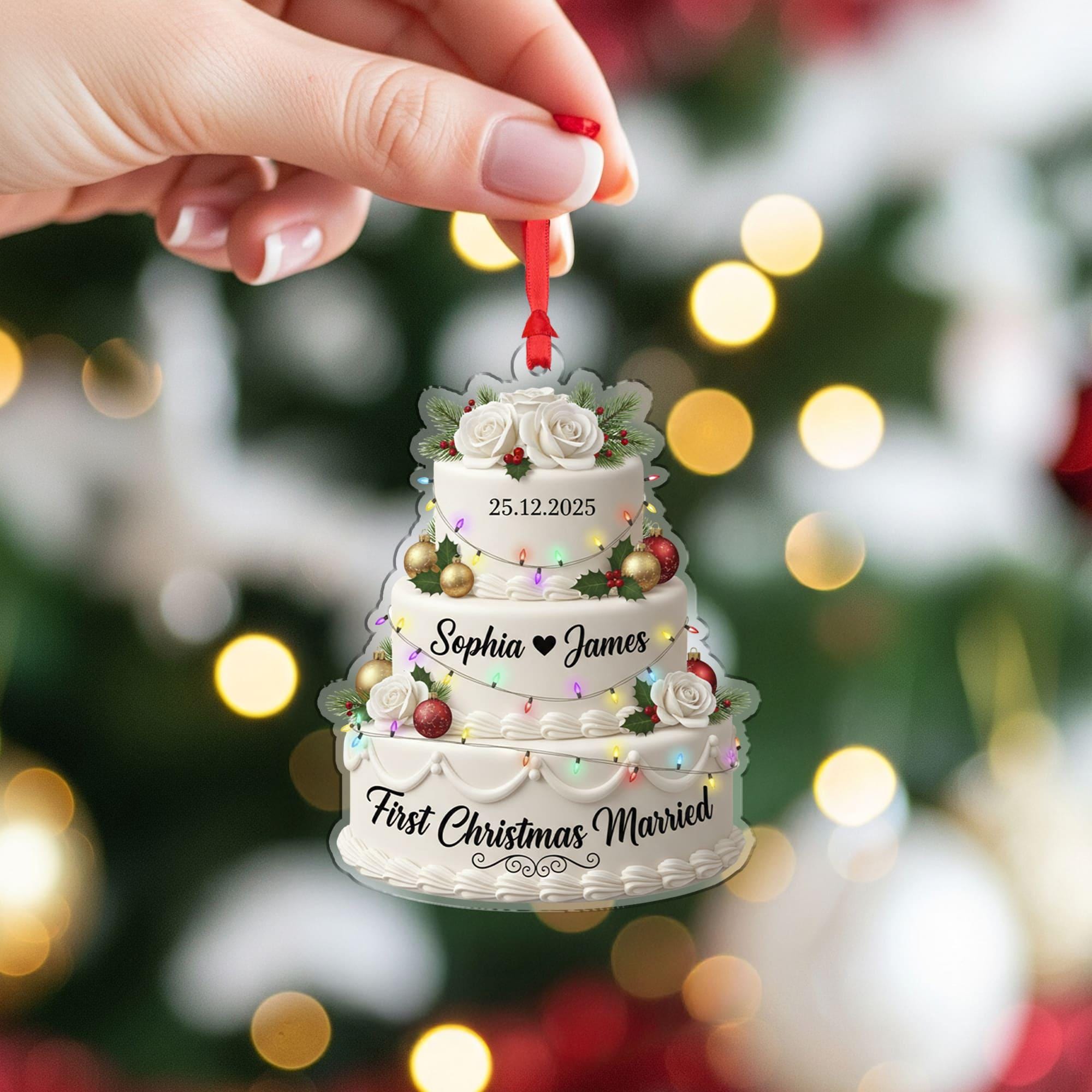 Personalized First Christmas Married Ornament: Custom Wedding Cake Design
