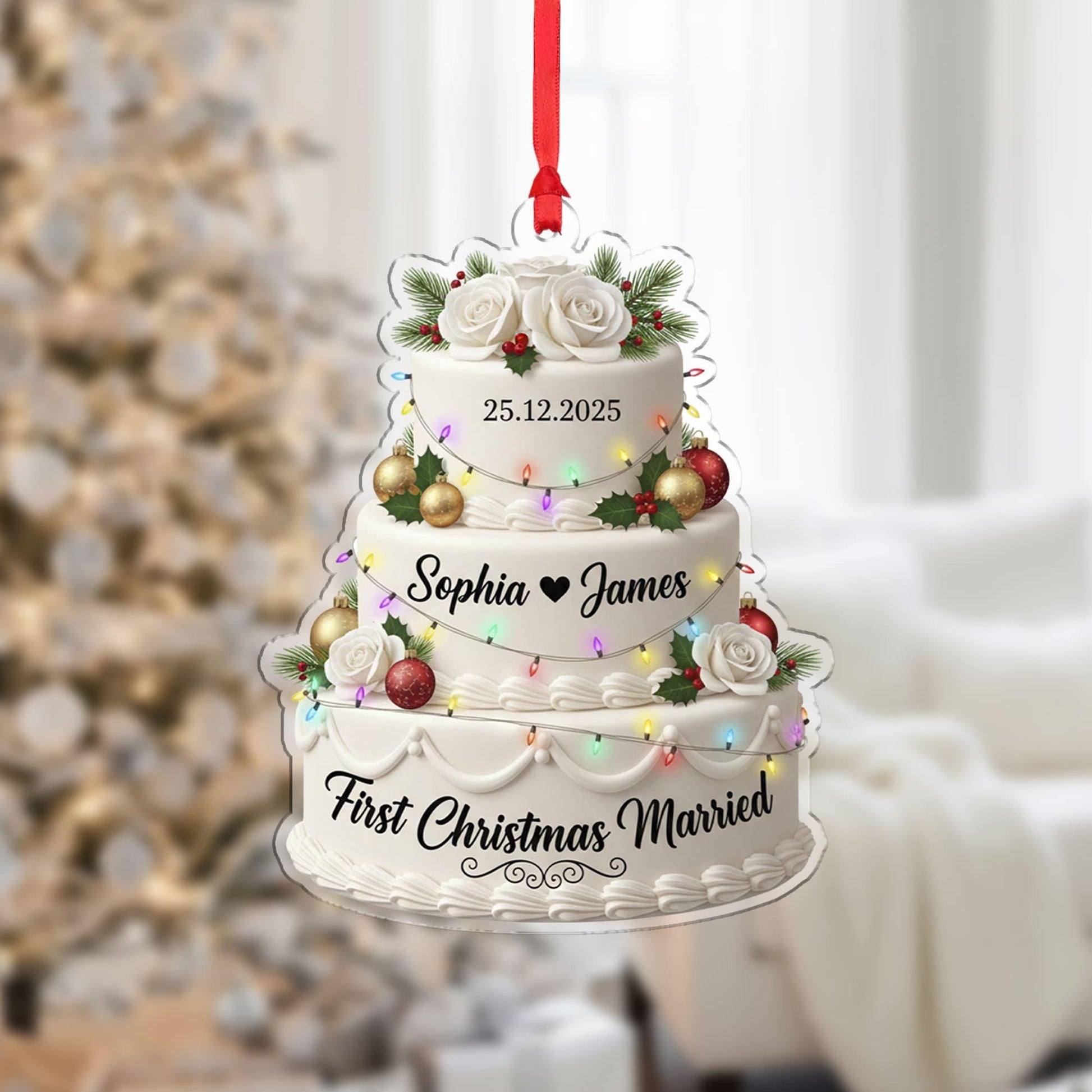Personalized First Christmas Married Ornament: Custom Wedding Cake Design