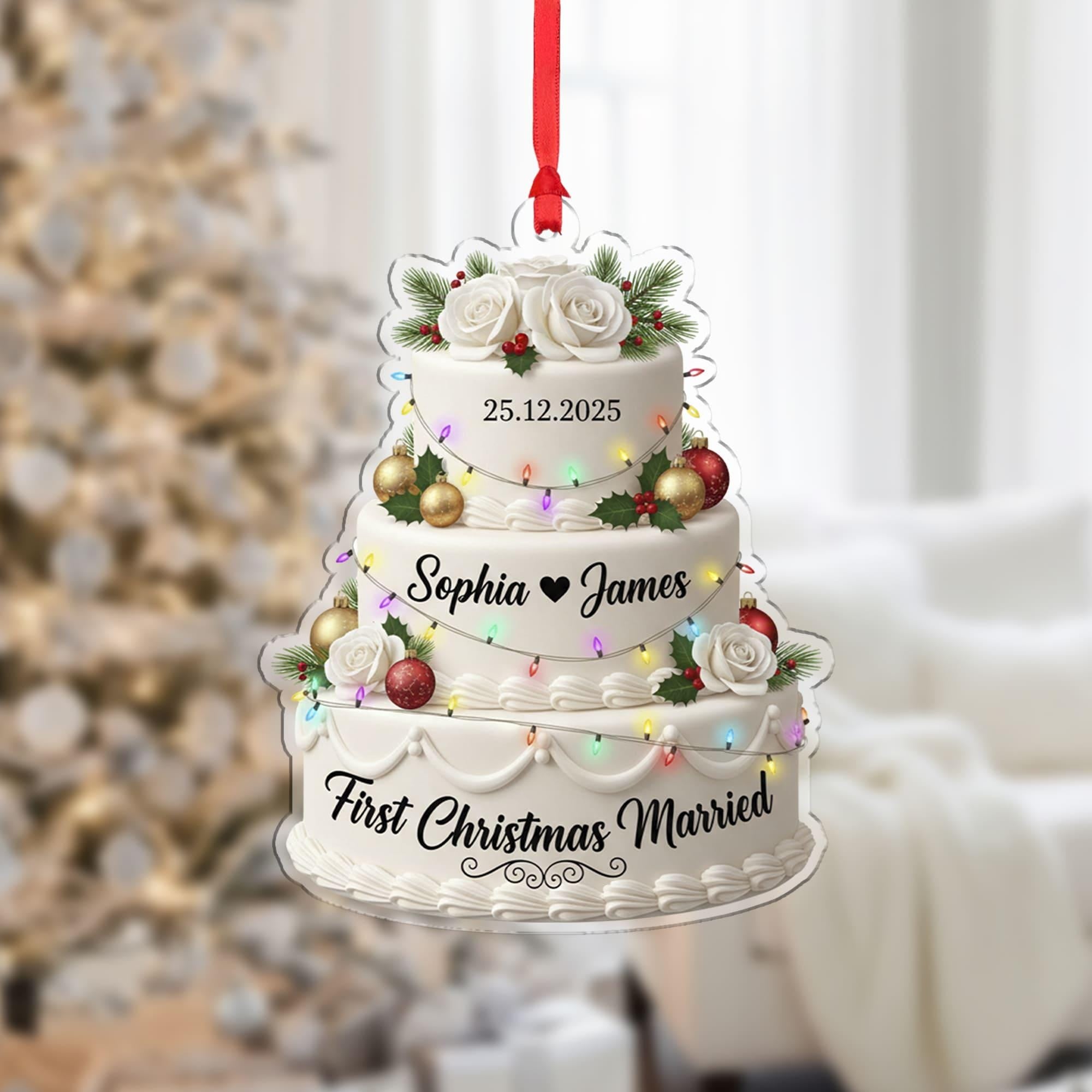 Personalized First Christmas Married Ornament: Custom Wedding Cake Design