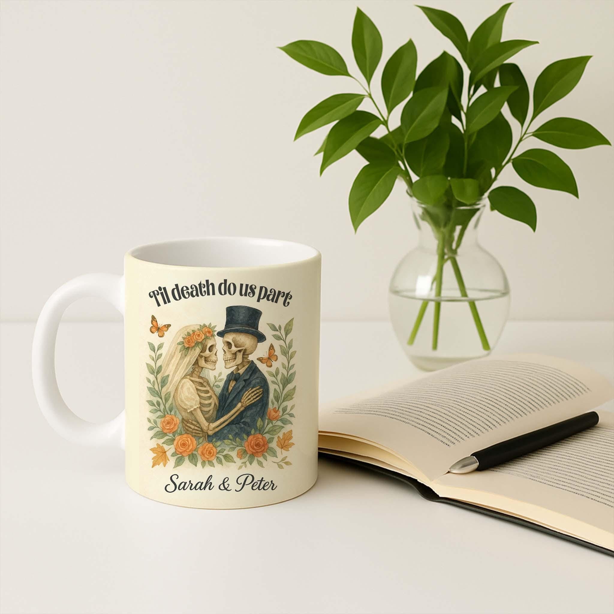 Til Death Do Us Part Mug – Personalized Skeleton Couple Coffee Cup Gothic Wedding Gift