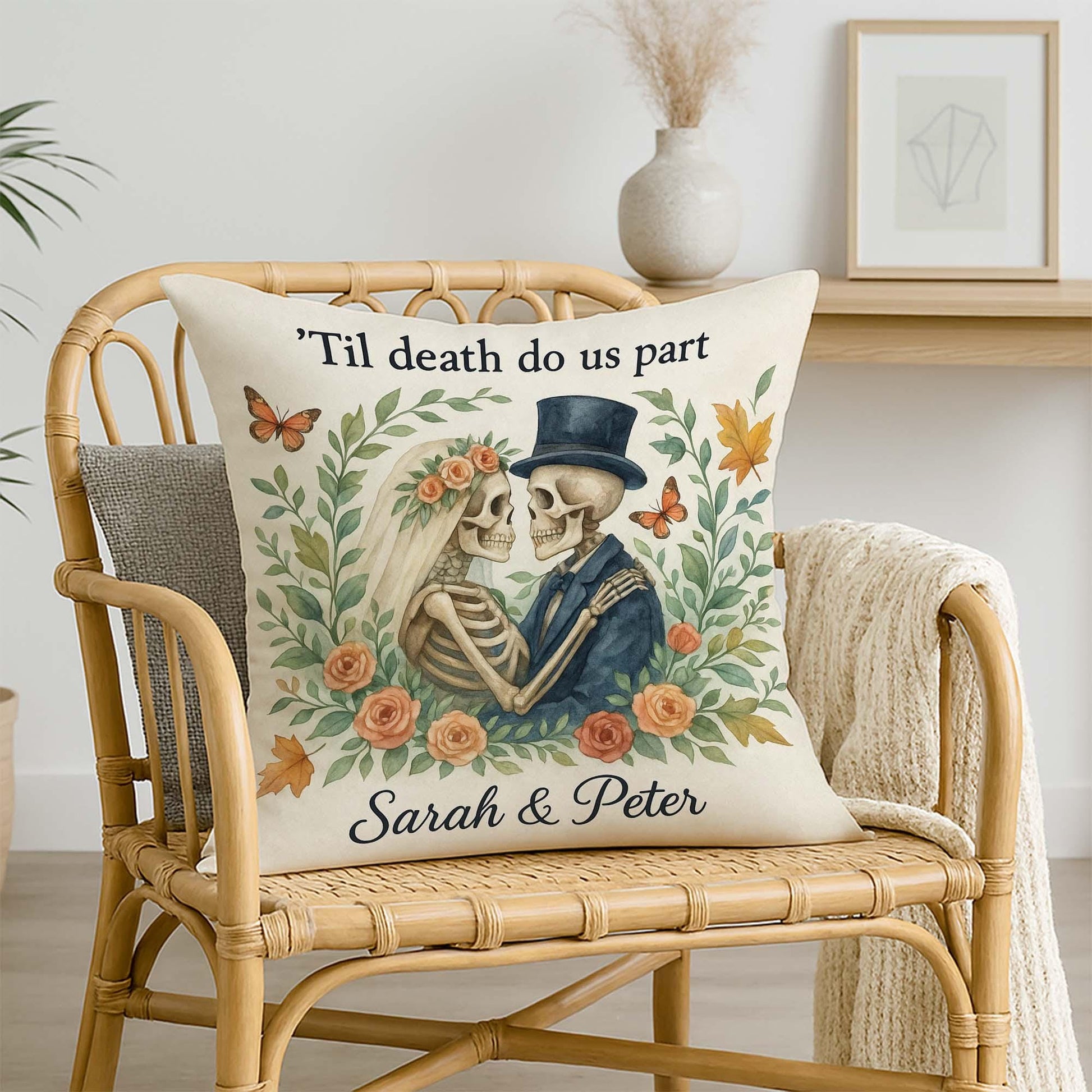 Til Death Do Us Part Pillow – Personalized Skeleton Couple Gothic Wedding Gift Cushion