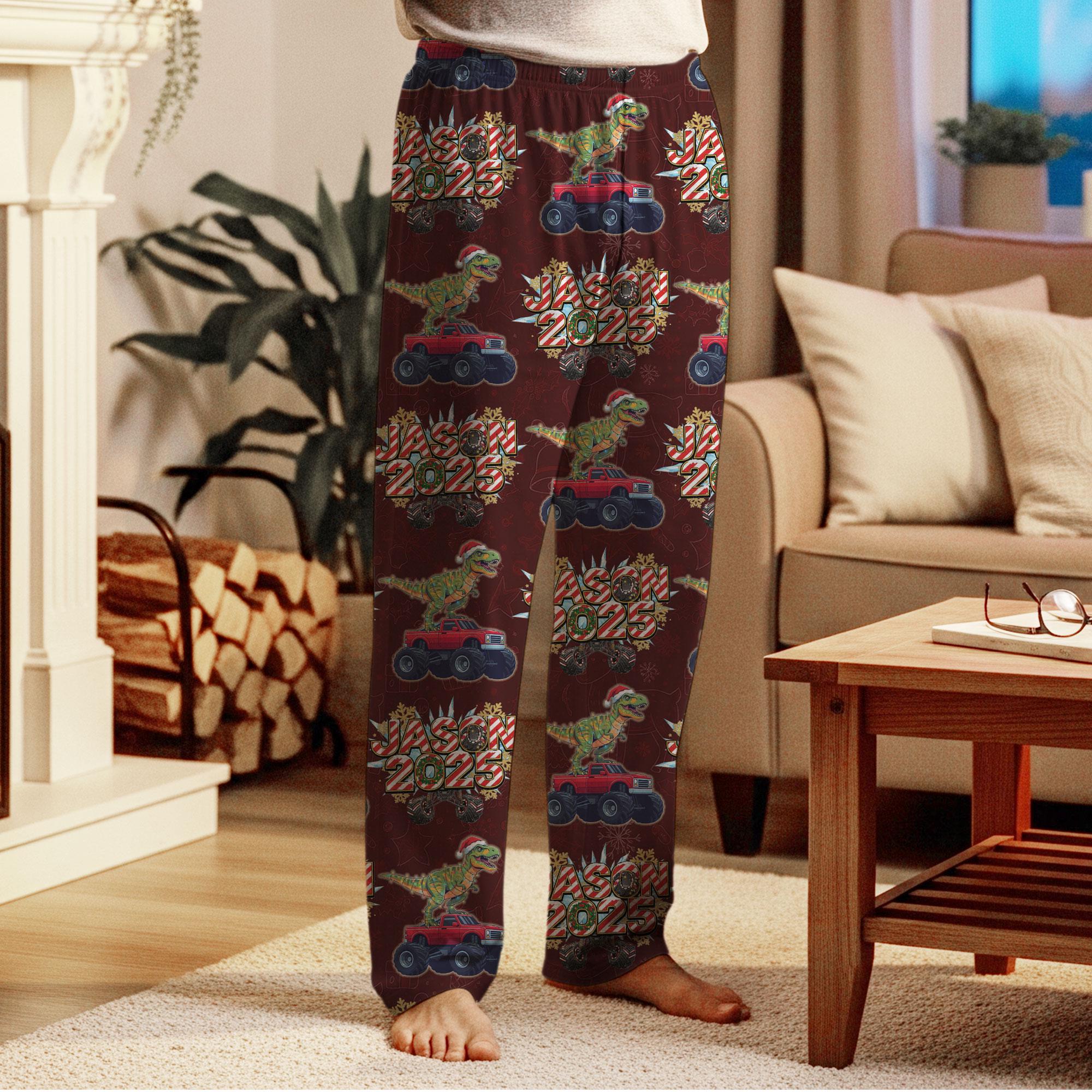 Dinosaur Christmas Pajama Pants – Funny Holiday Lounge Sleepwear with T-Rex and Car Design