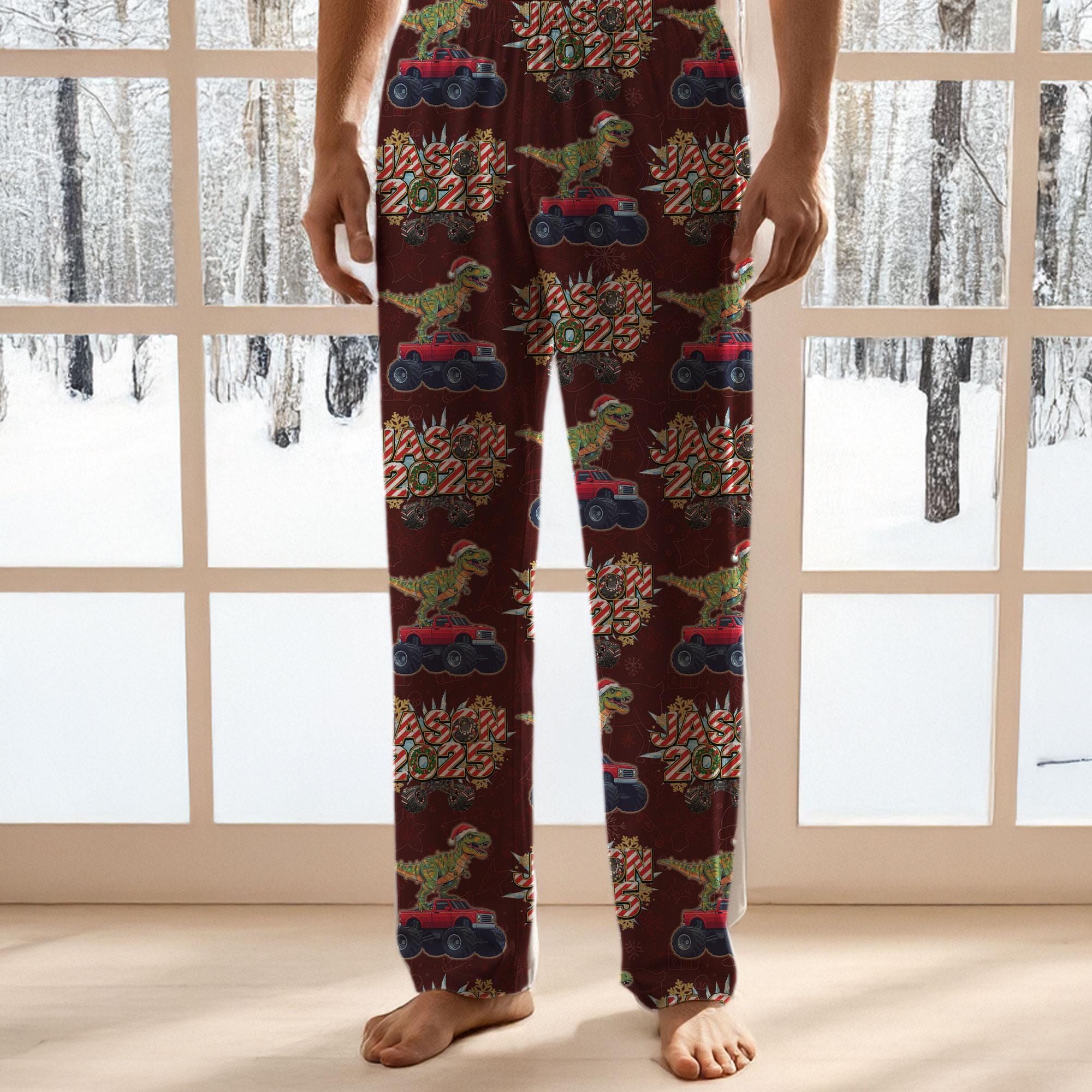 Dinosaur Christmas Pajama Pants – Funny Holiday Lounge Sleepwear with T-Rex and Car Design