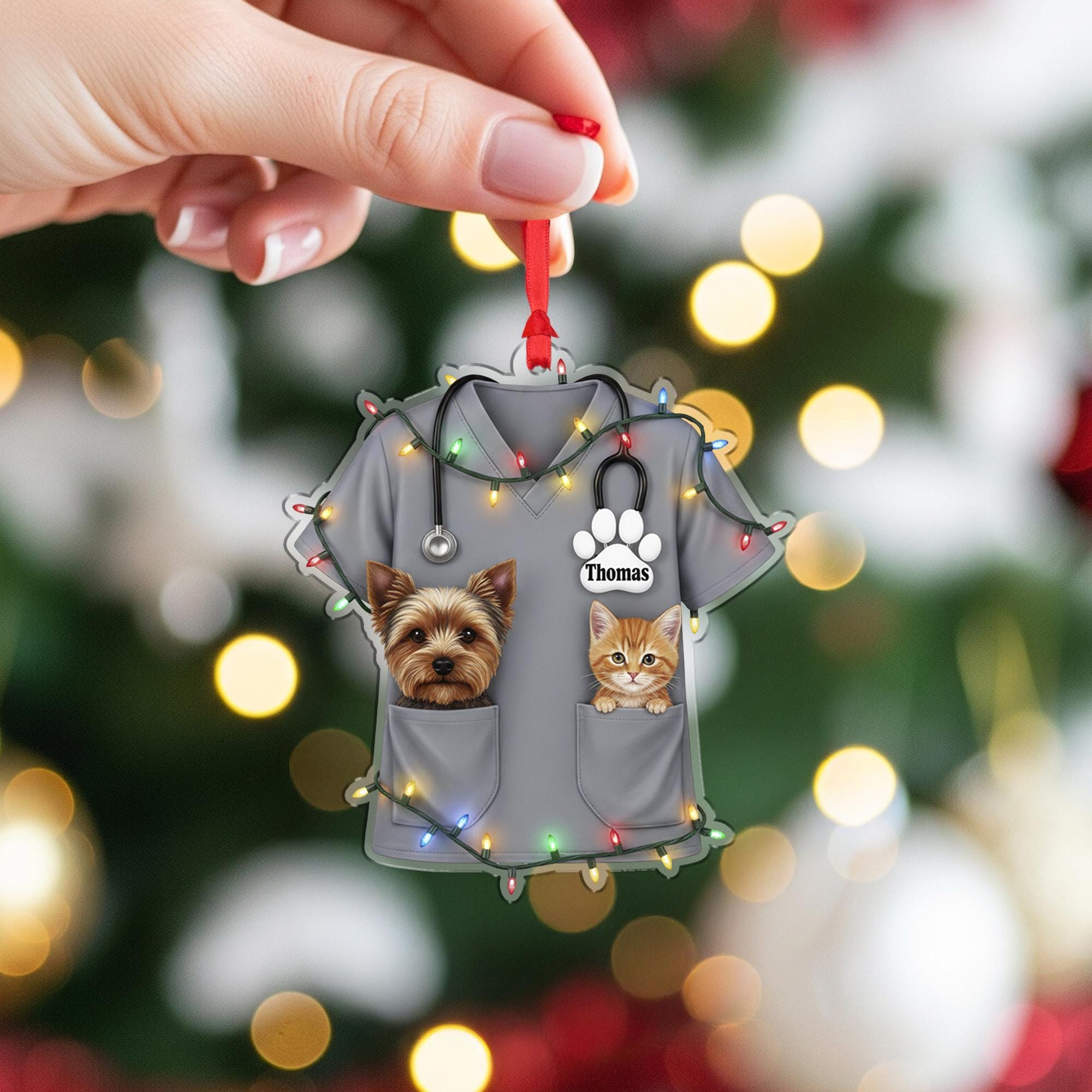 Personalized Vet Christmas Ornament: Custom Scrubs, Cat & Dog, Animal Doctor Tree Decoration