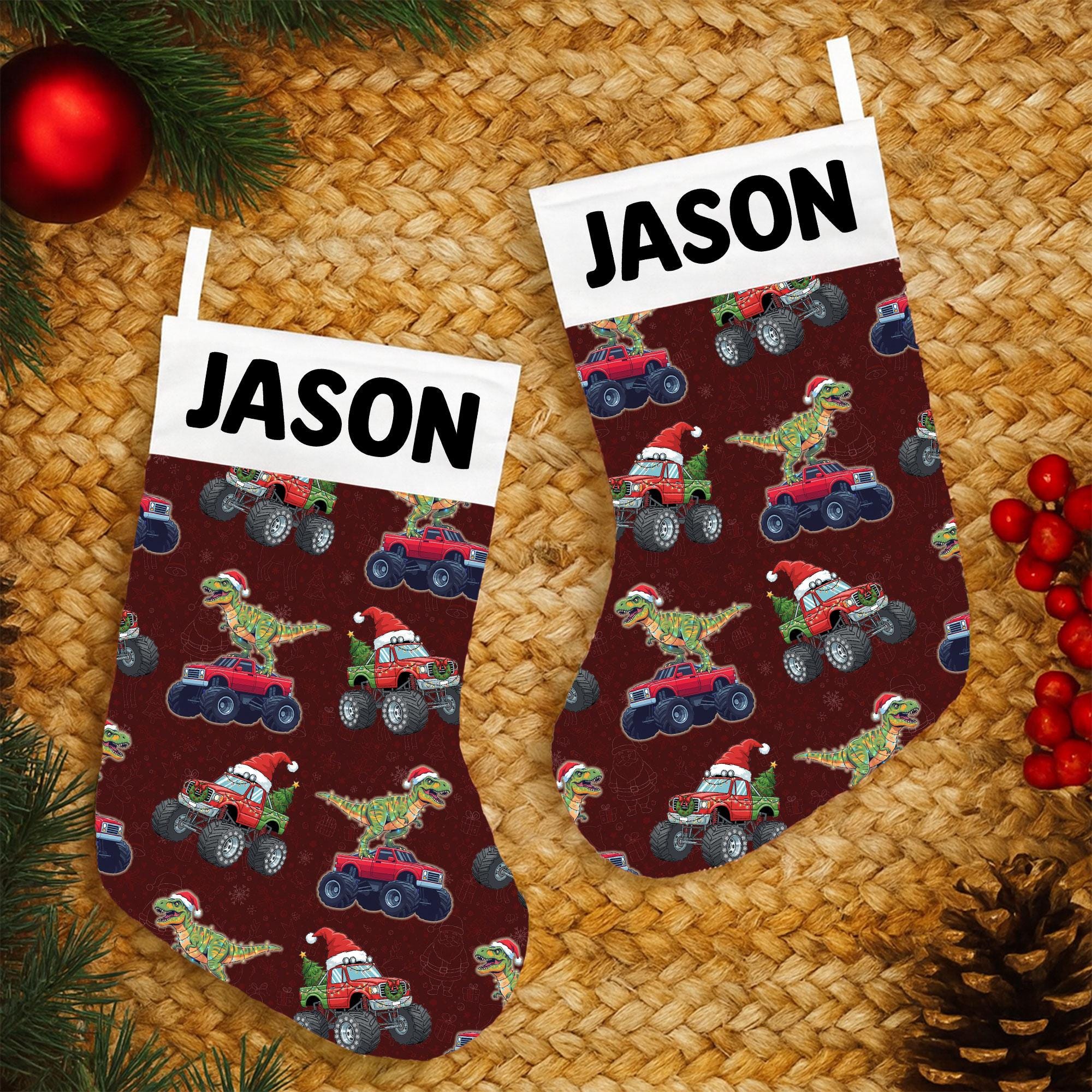 Personalized Christmas Stocking – Dinosaur Monster Truck Custom Holiday Decor with Name