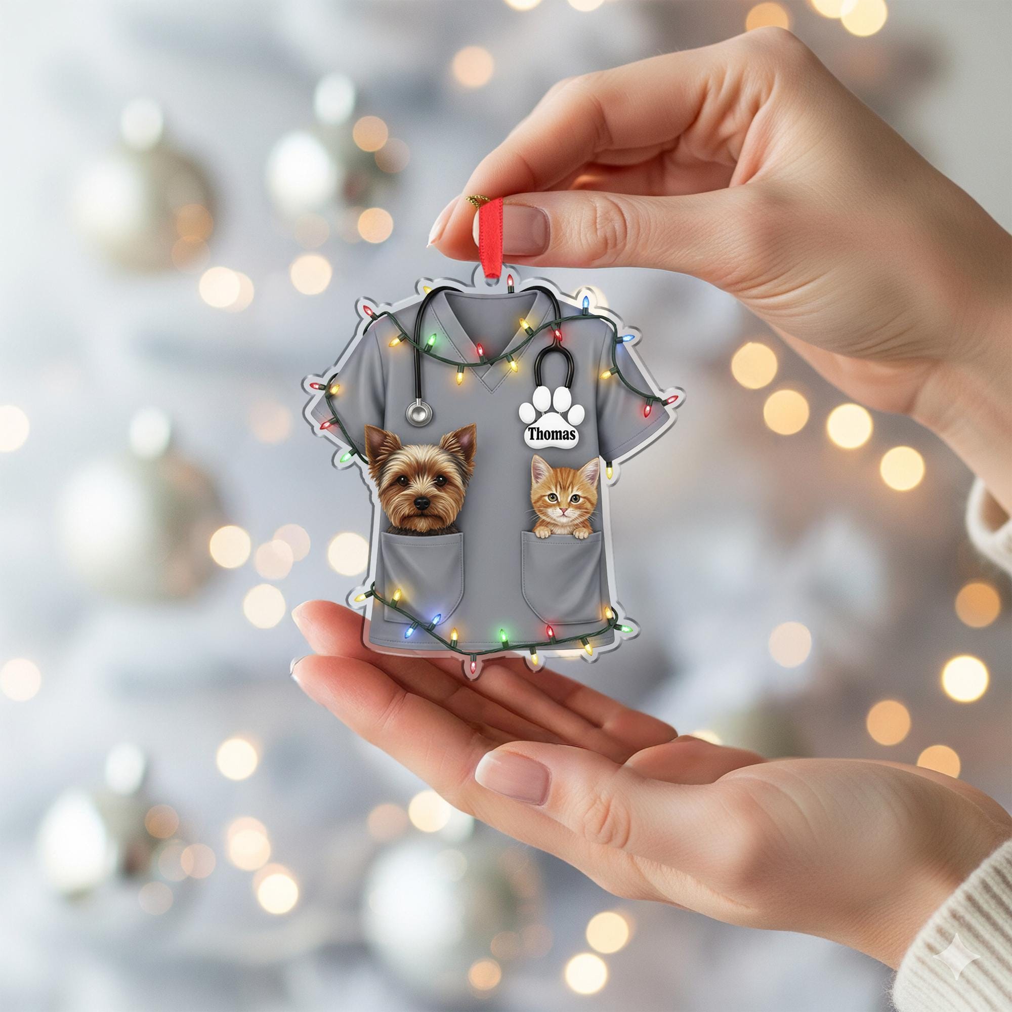 Personalized Vet Christmas Ornament: Custom Scrubs, Cat & Dog, Animal Doctor Tree Decoration