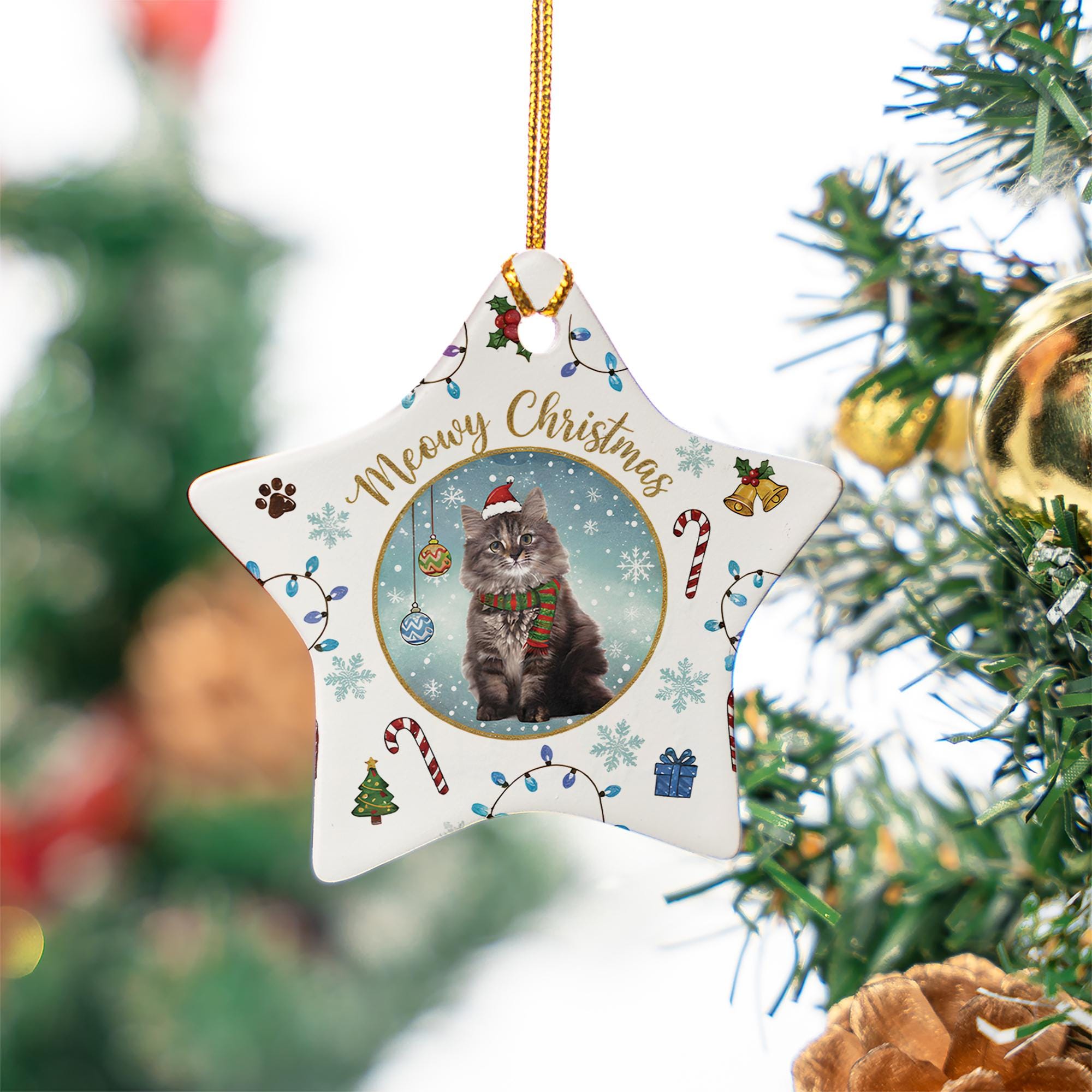 Personalized Cat Photo Christmas Ornament: Meowy Christmas Star Ceramic Pet Gift