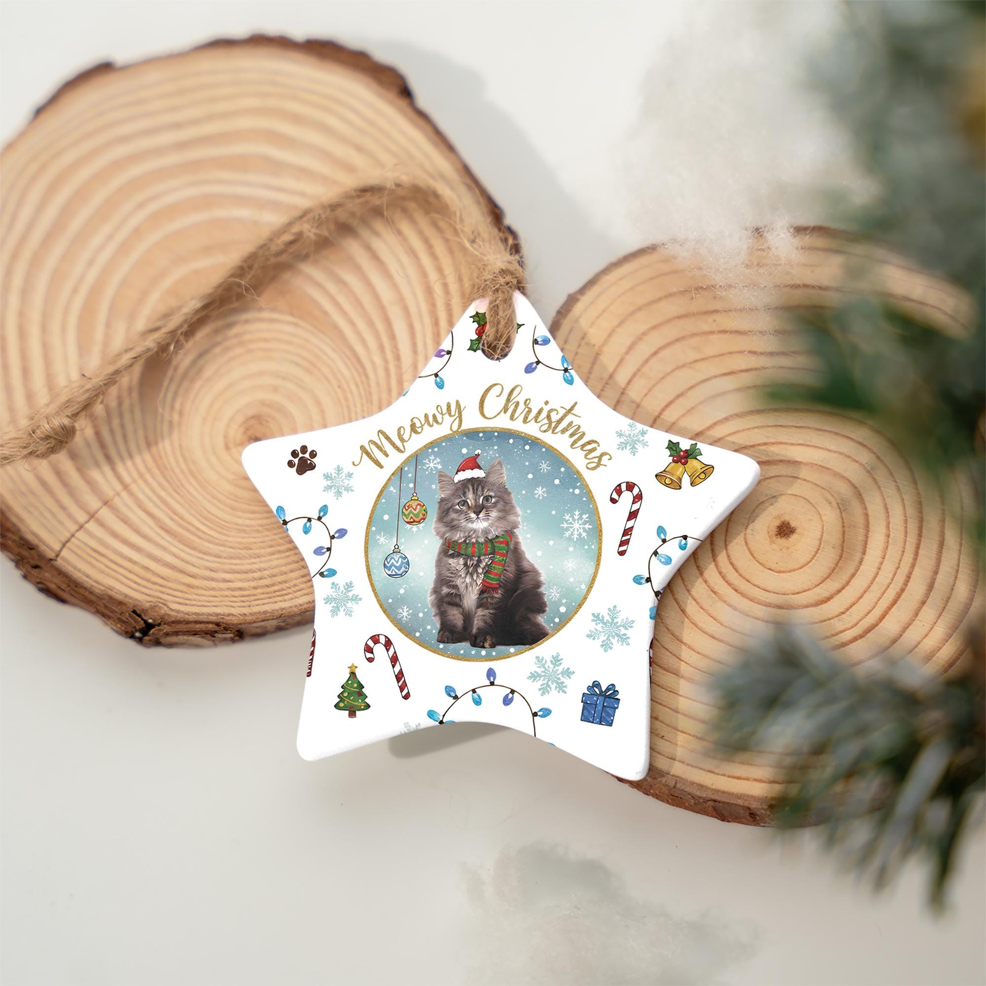 Personalized Cat Photo Christmas Ornament: Meowy Christmas Star Ceramic Pet Gift