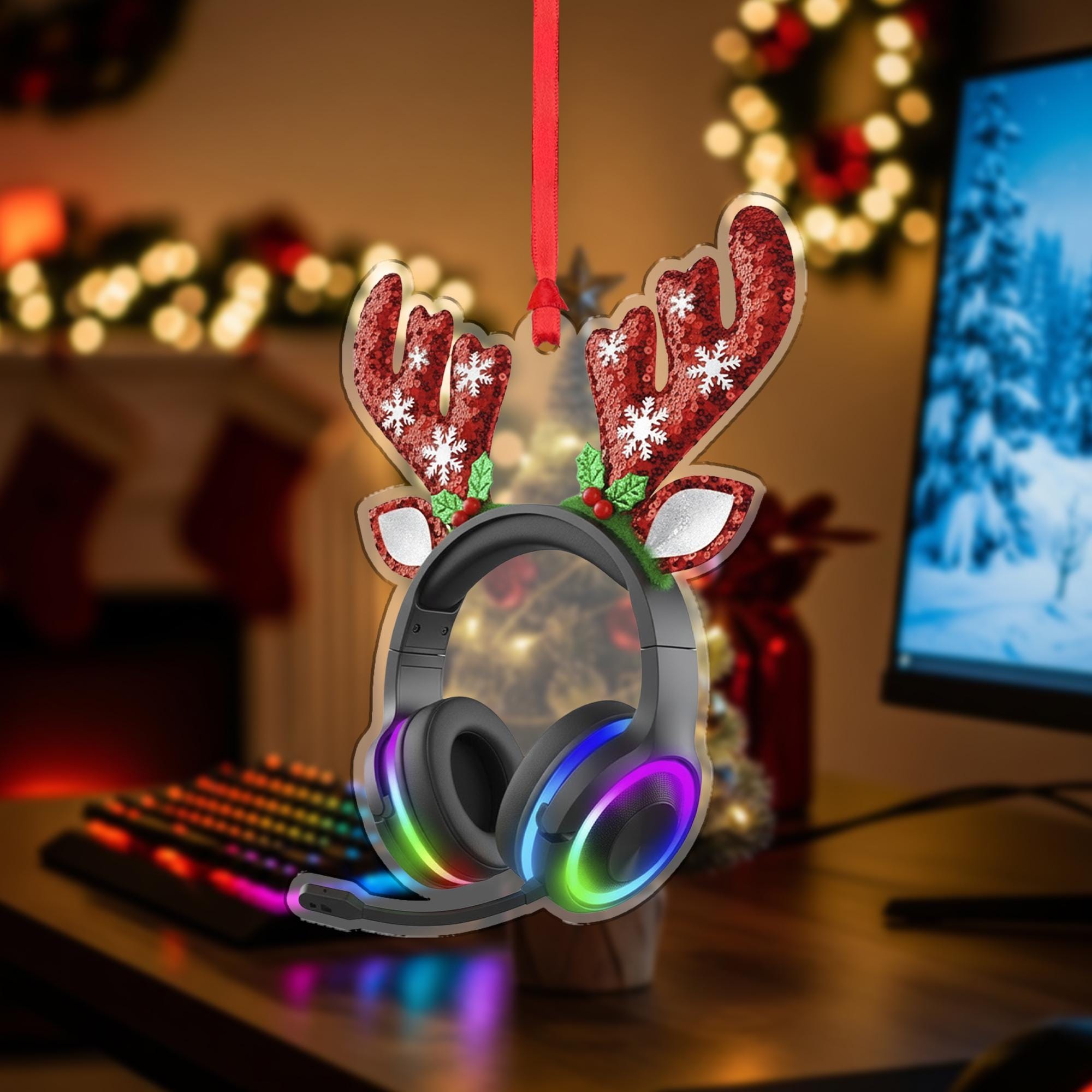 Gaming Headset Christmas Ornament – Funny Reindeer Gamer Tree Decor Gift for Streamers