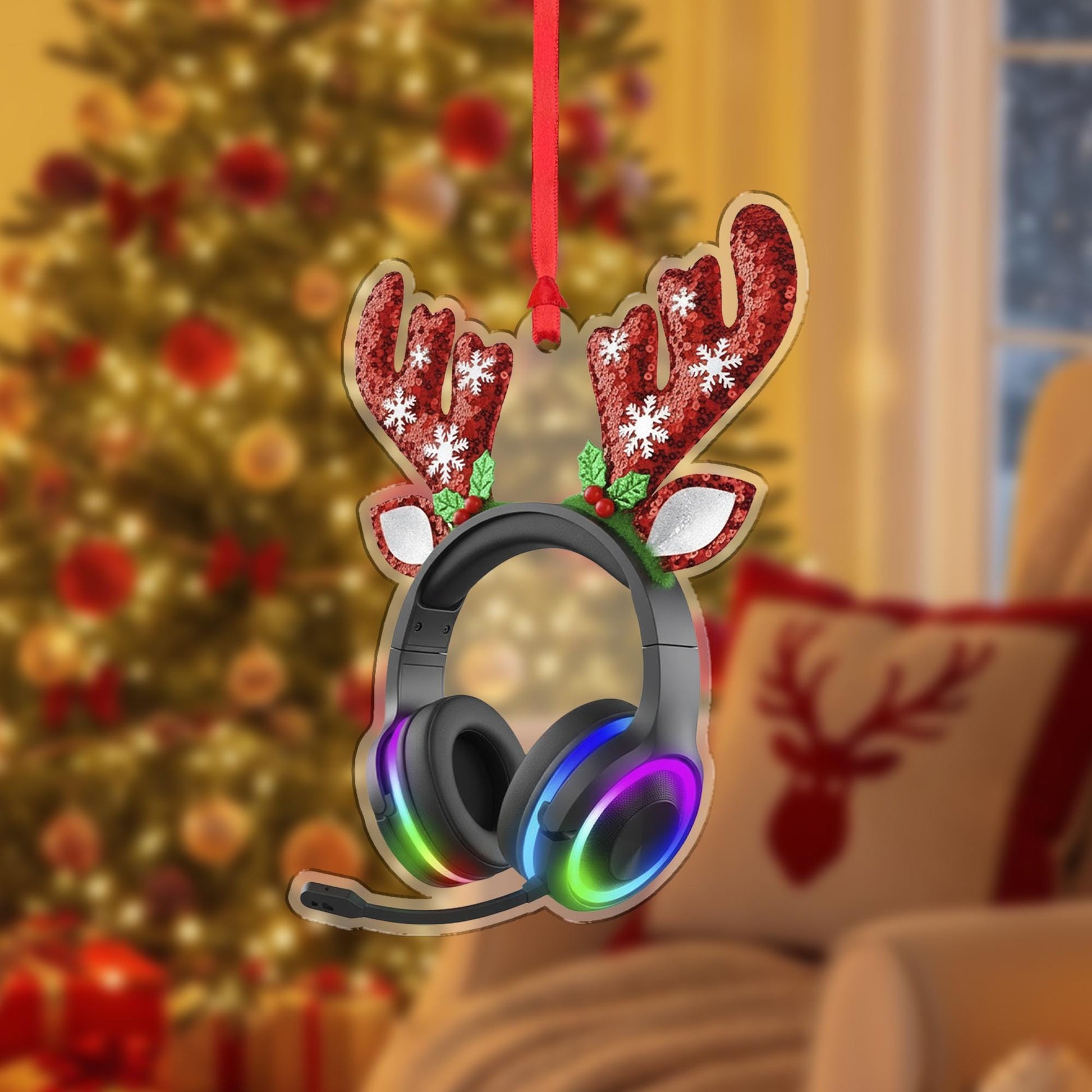 Gaming Headset Christmas Ornament – Funny Reindeer Gamer Tree Decor Gift for Streamers