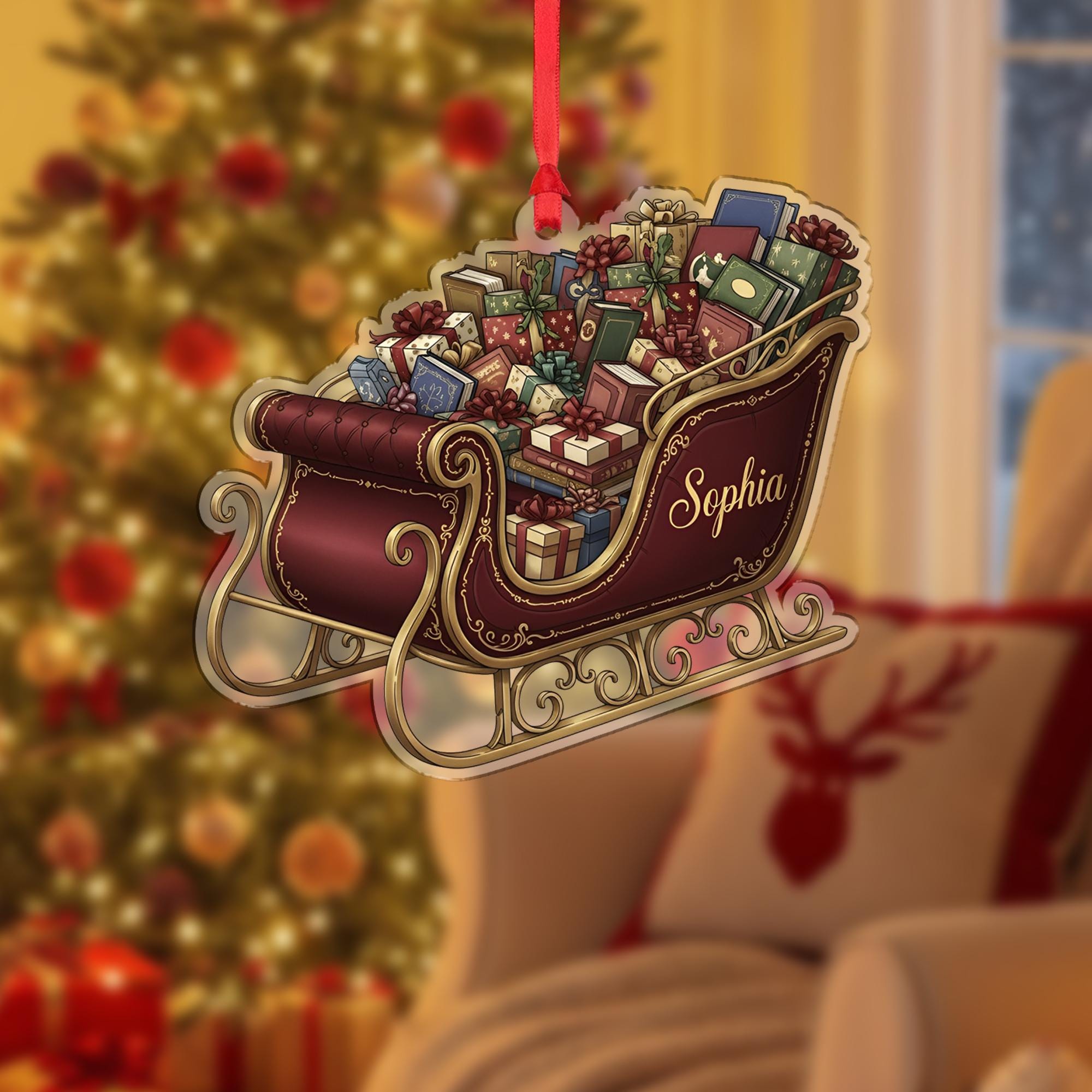 Personalized Sleigh Christmas Ornament – Custom Name Holiday Tree Decor Gift with Books and Presents