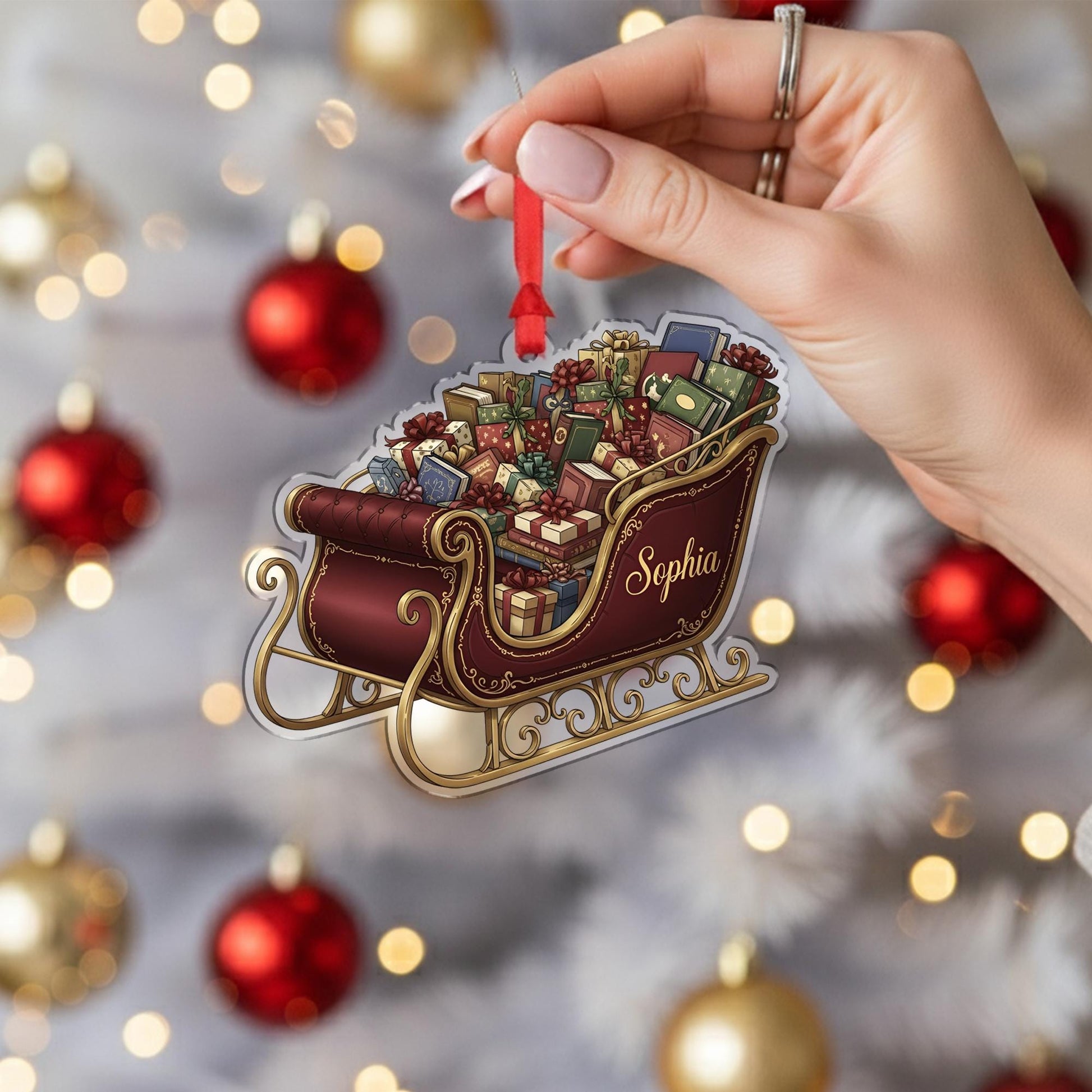 Personalized Sleigh Christmas Ornament – Custom Name Holiday Tree Decor Gift with Books and Presents