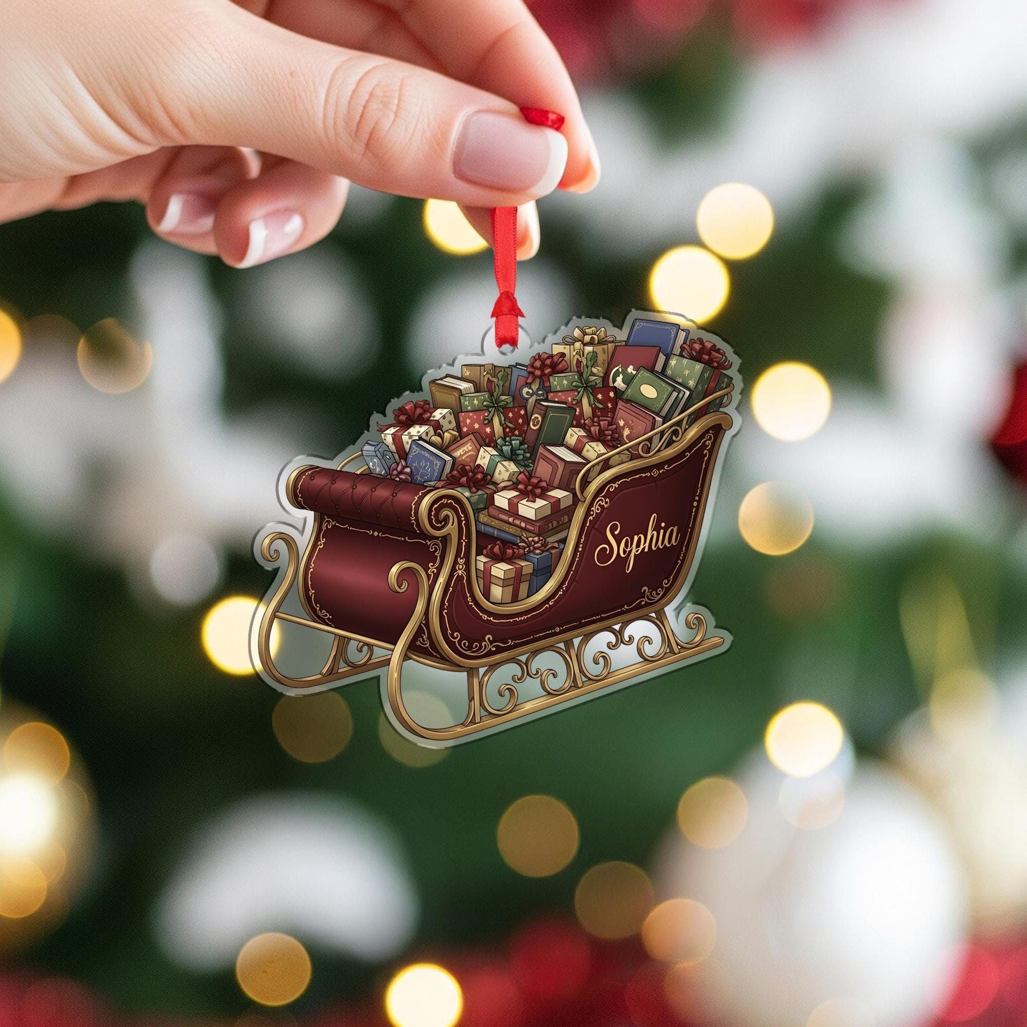 Personalized Sleigh Christmas Ornament – Custom Name Holiday Tree Decor Gift with Books and Presents