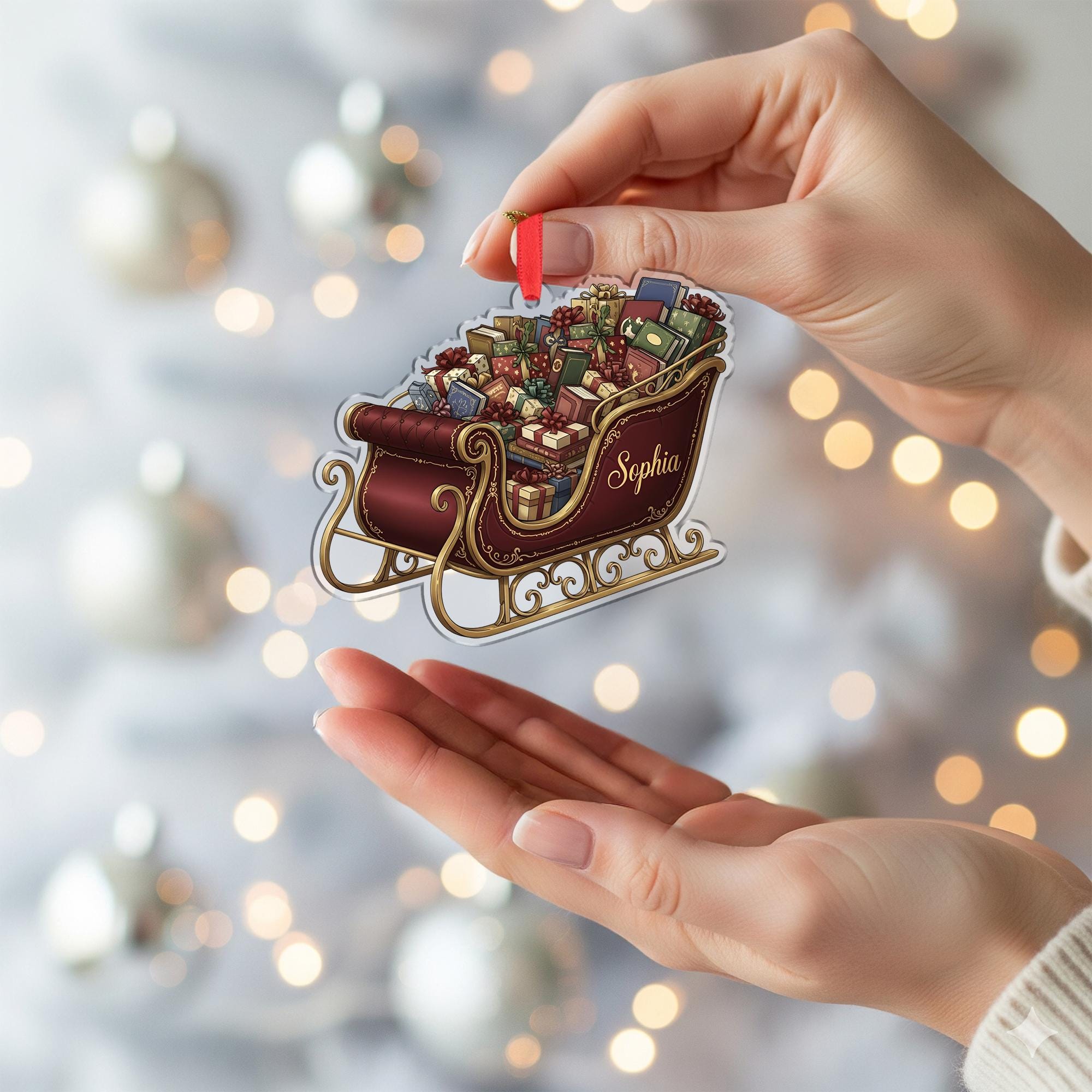 Personalized Sleigh Christmas Ornament – Custom Name Holiday Tree Decor Gift with Books and Presents