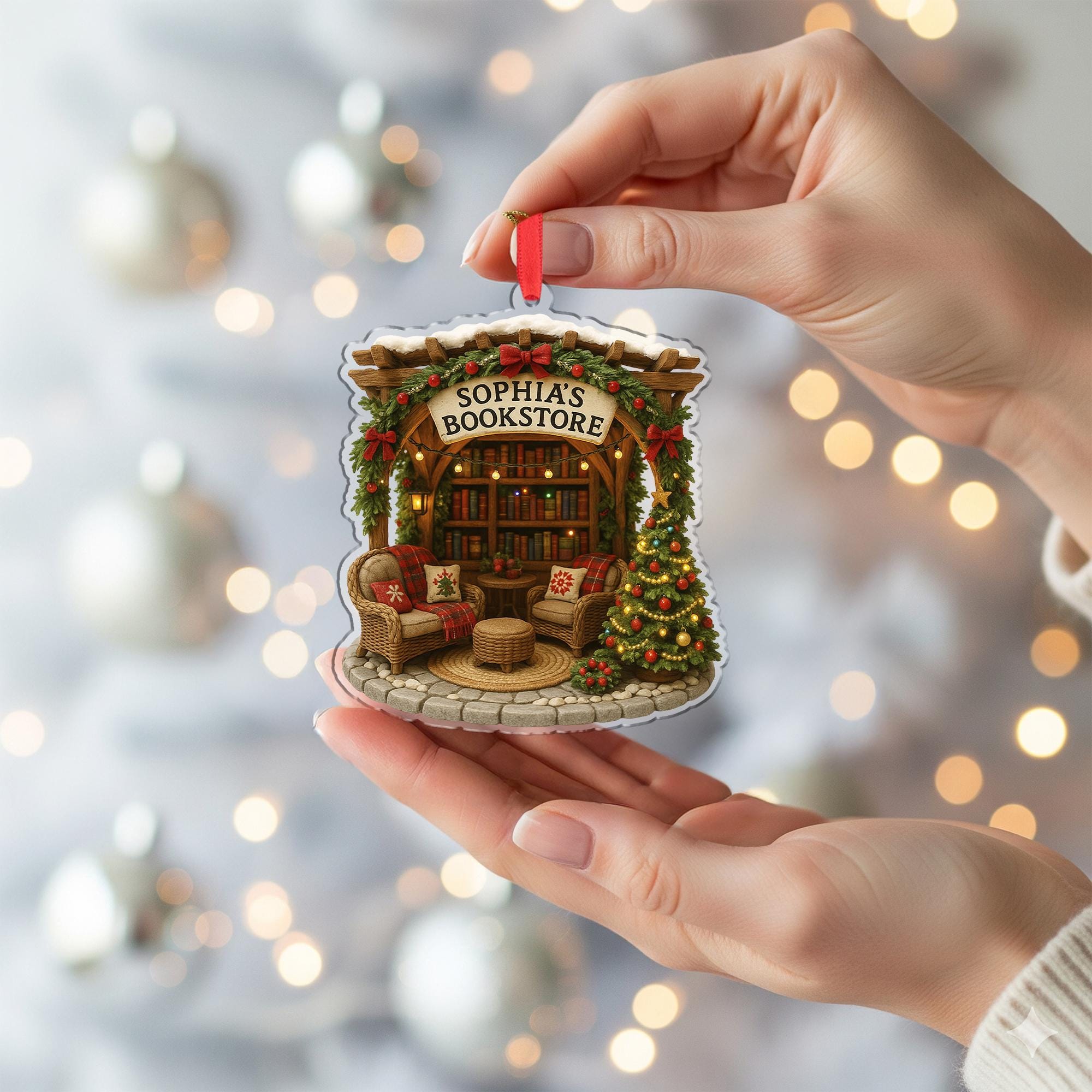 Personalized Bookstore Christmas Ornament – Custom Name Book Lover Tree Decor Gift for Readers