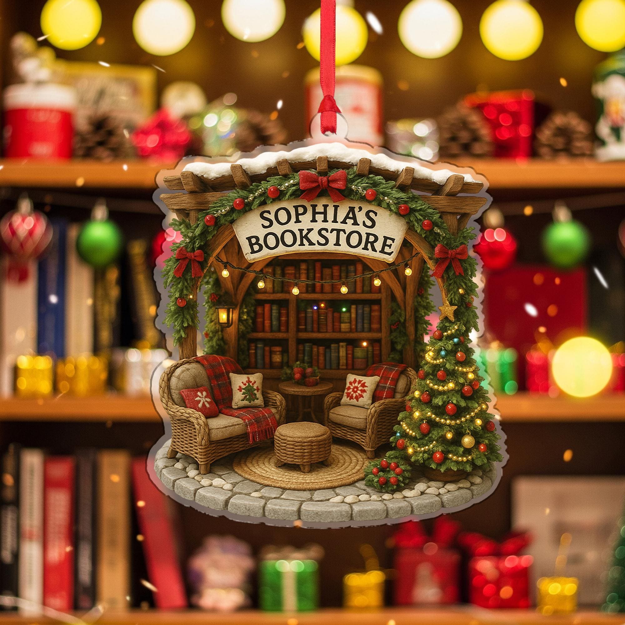 Personalized Bookstore Christmas Ornament – Custom Name Book Lover Tree Decor Gift for Readers