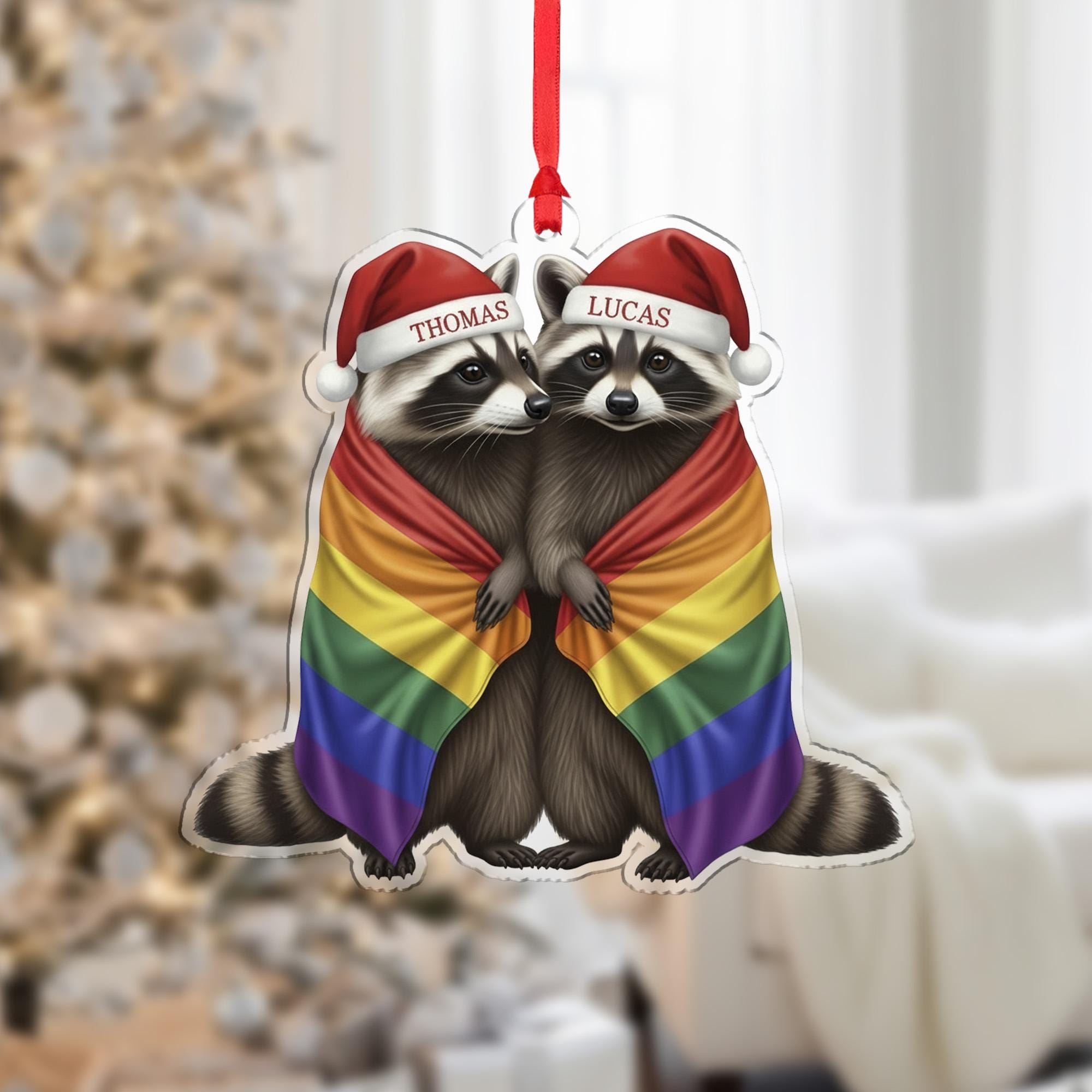 Personalized Raccoon Couple Christmas Ornament, Custom LGBTQ Pride Holiday Gift with Names, Gay Wedding Tree Decoration