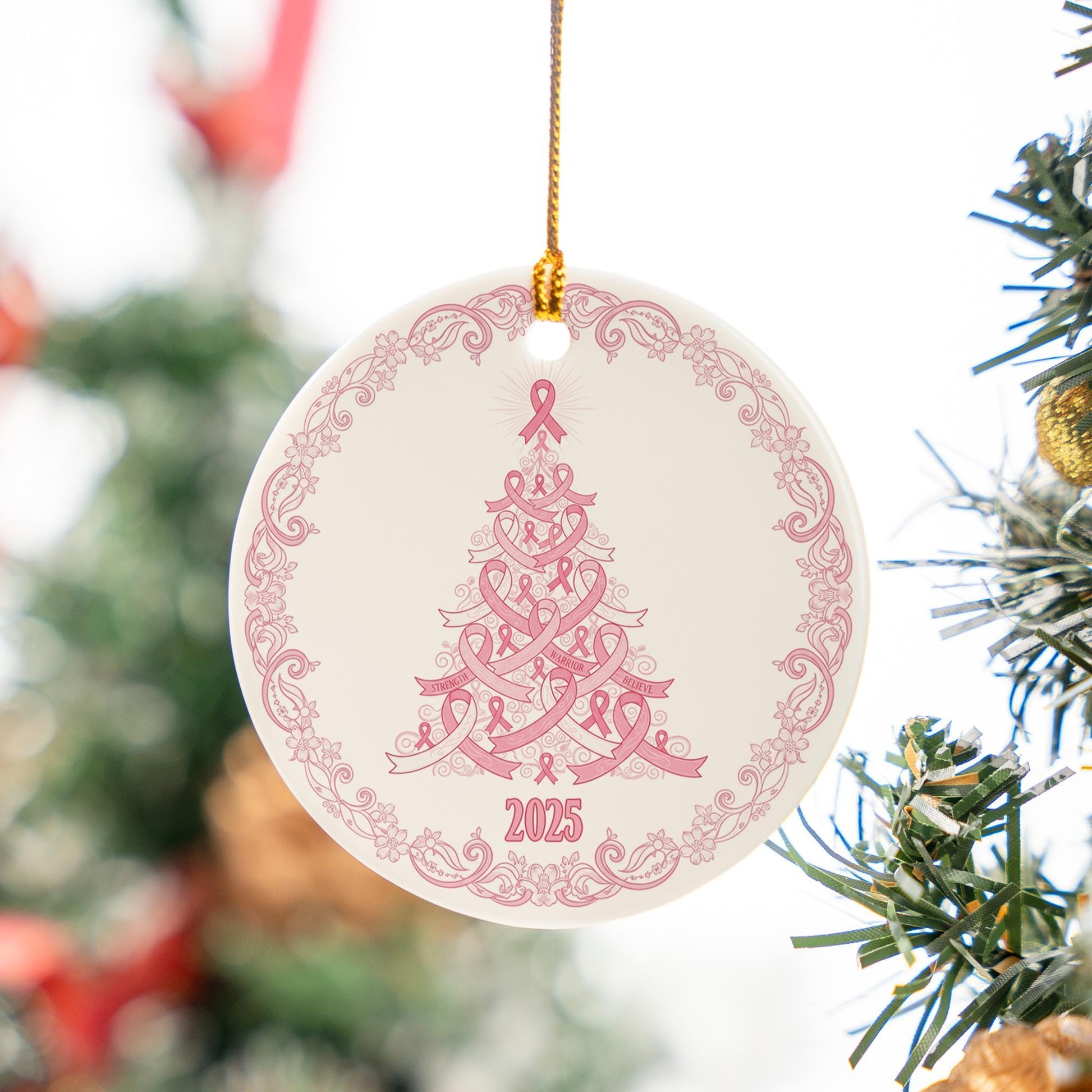 Pink Ribbon Tree Christmas Ceramic Ornament 2025; Round Porcelain Awareness Decor
