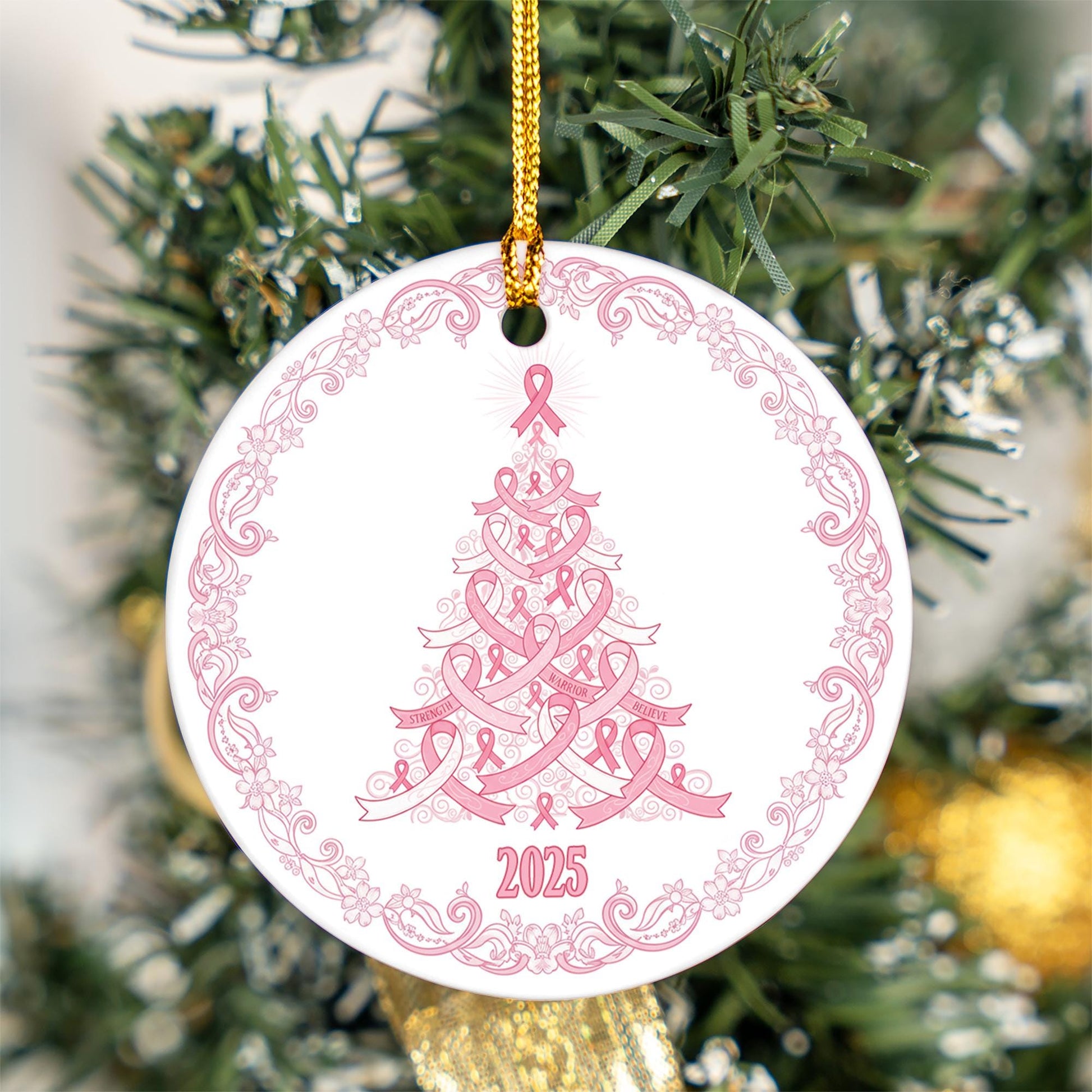 Pink Ribbon Tree Christmas Ceramic Ornament 2025; Round Porcelain Awareness Decor