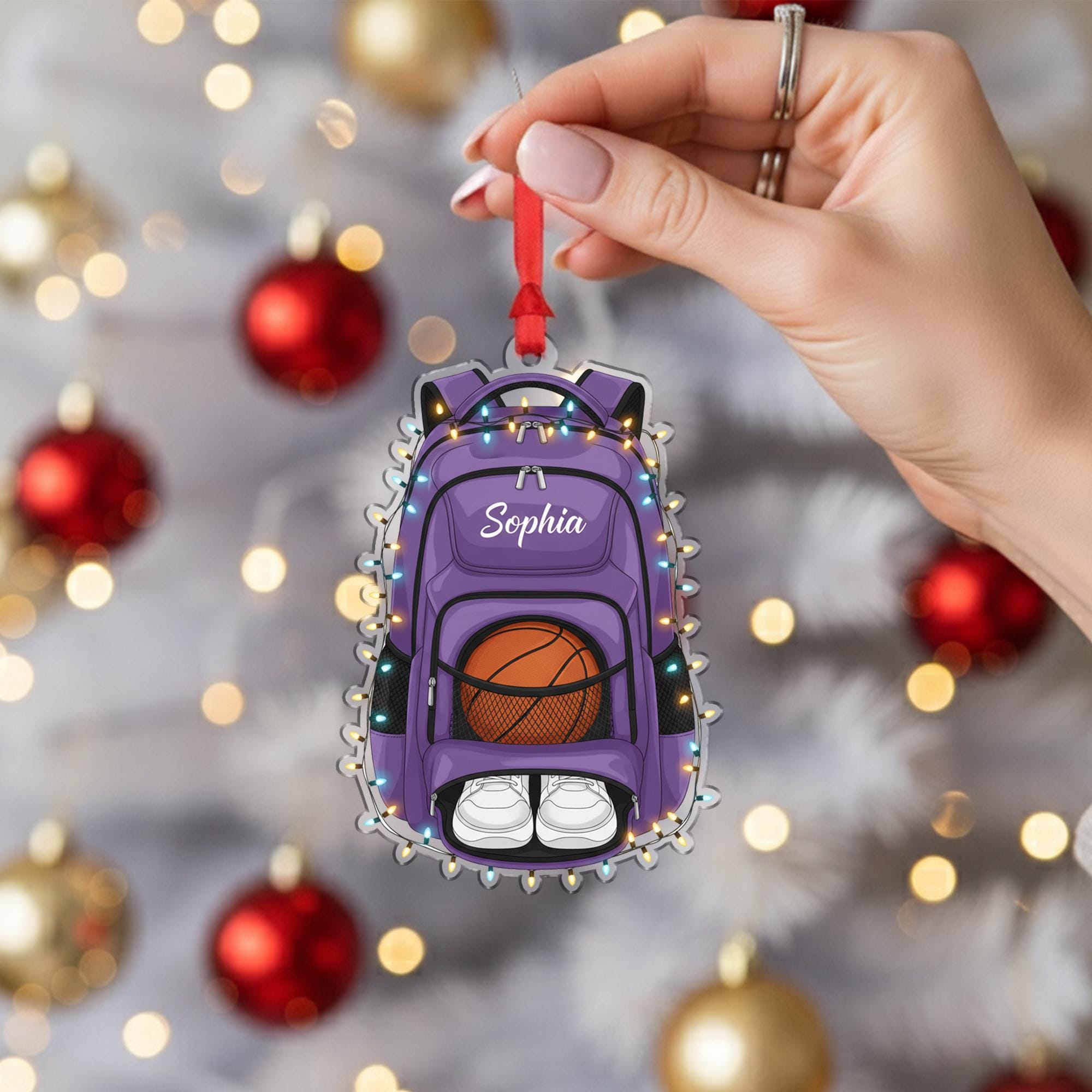 Personalized Basketball Bag Shaped Acrylic Ornament; Custom Name Sports Backpack Decor