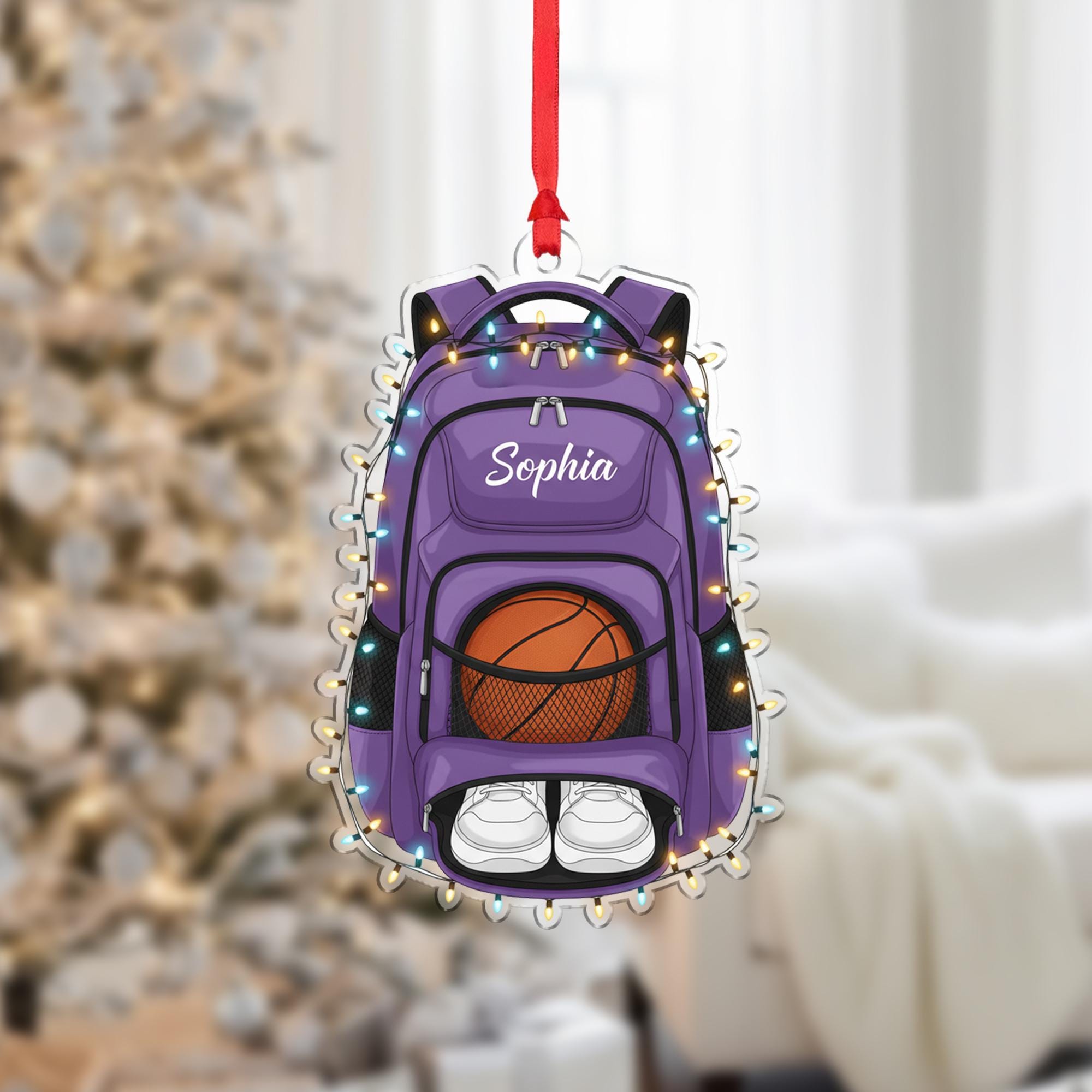 Personalized Basketball Bag Shaped Acrylic Ornament; Custom Name Sports Backpack Decor