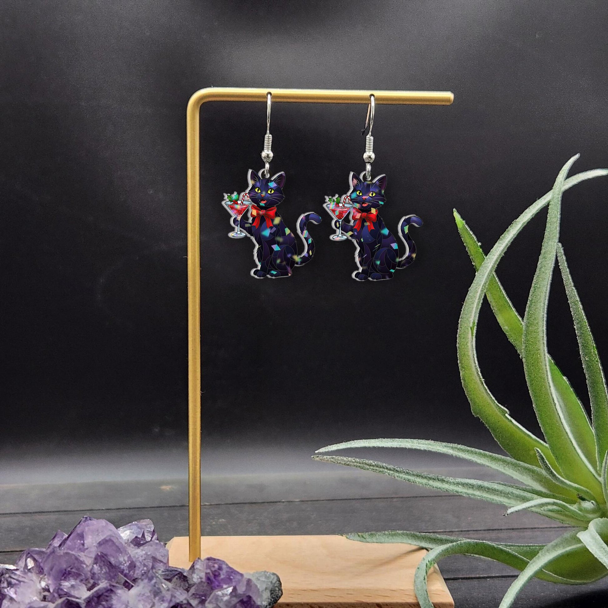 Black Cat Earrings – Holiday Jewelry with Cocktail Glass Design