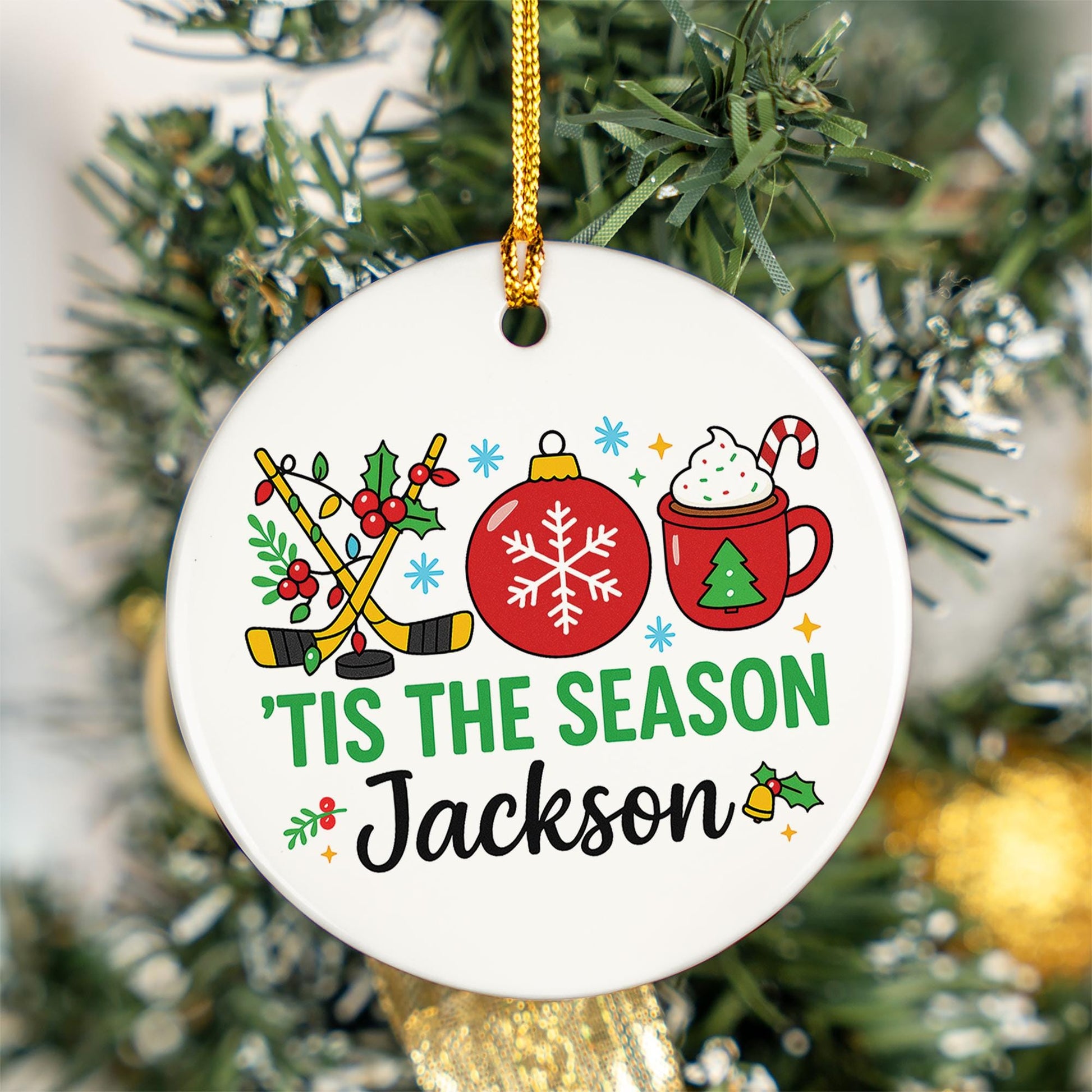 Personalized Hockey Christmas Ceramic Ornament - 'Tis the Season Hot Cocoa