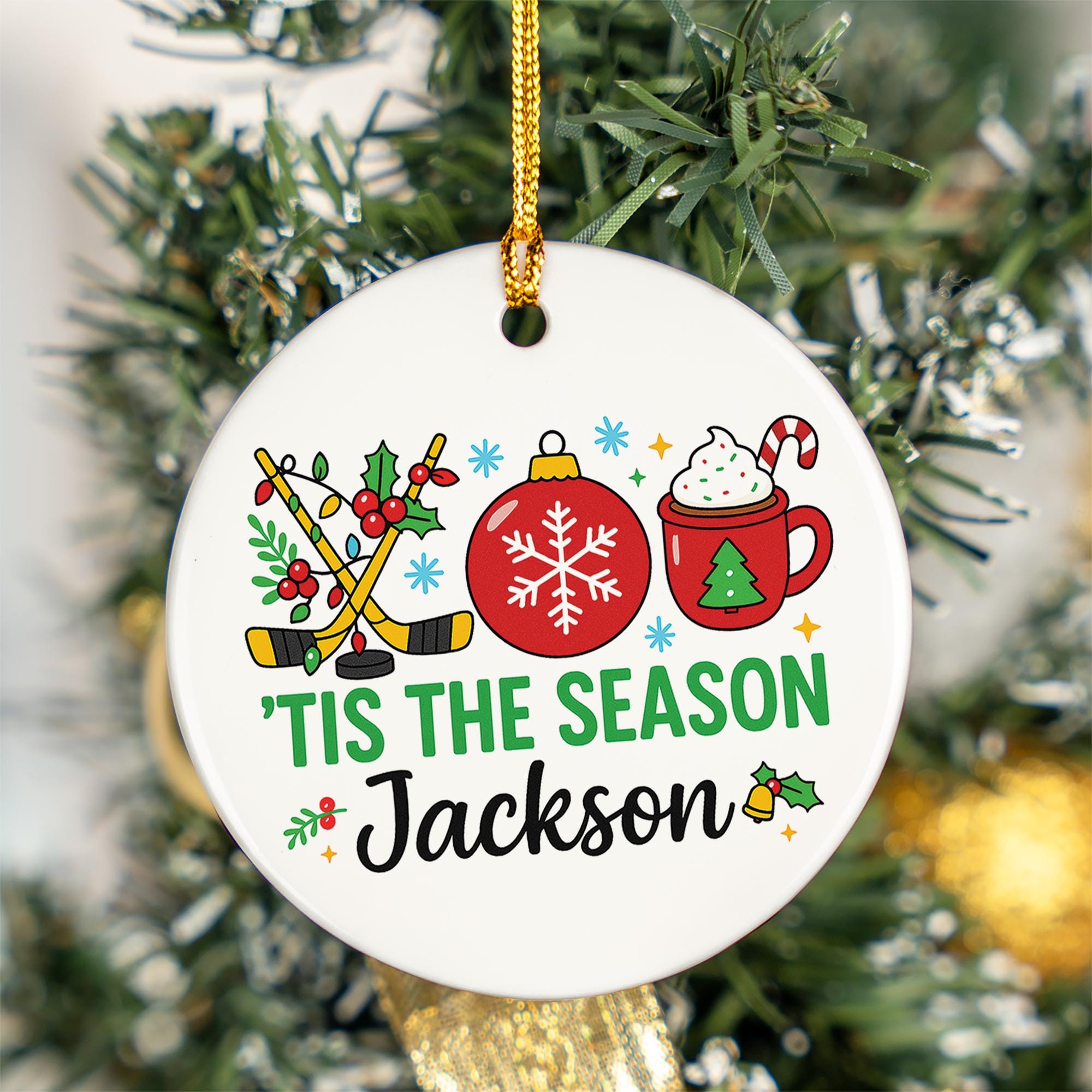 Personalized Hockey Christmas Ceramic Ornament - 'Tis the Season Hot Cocoa