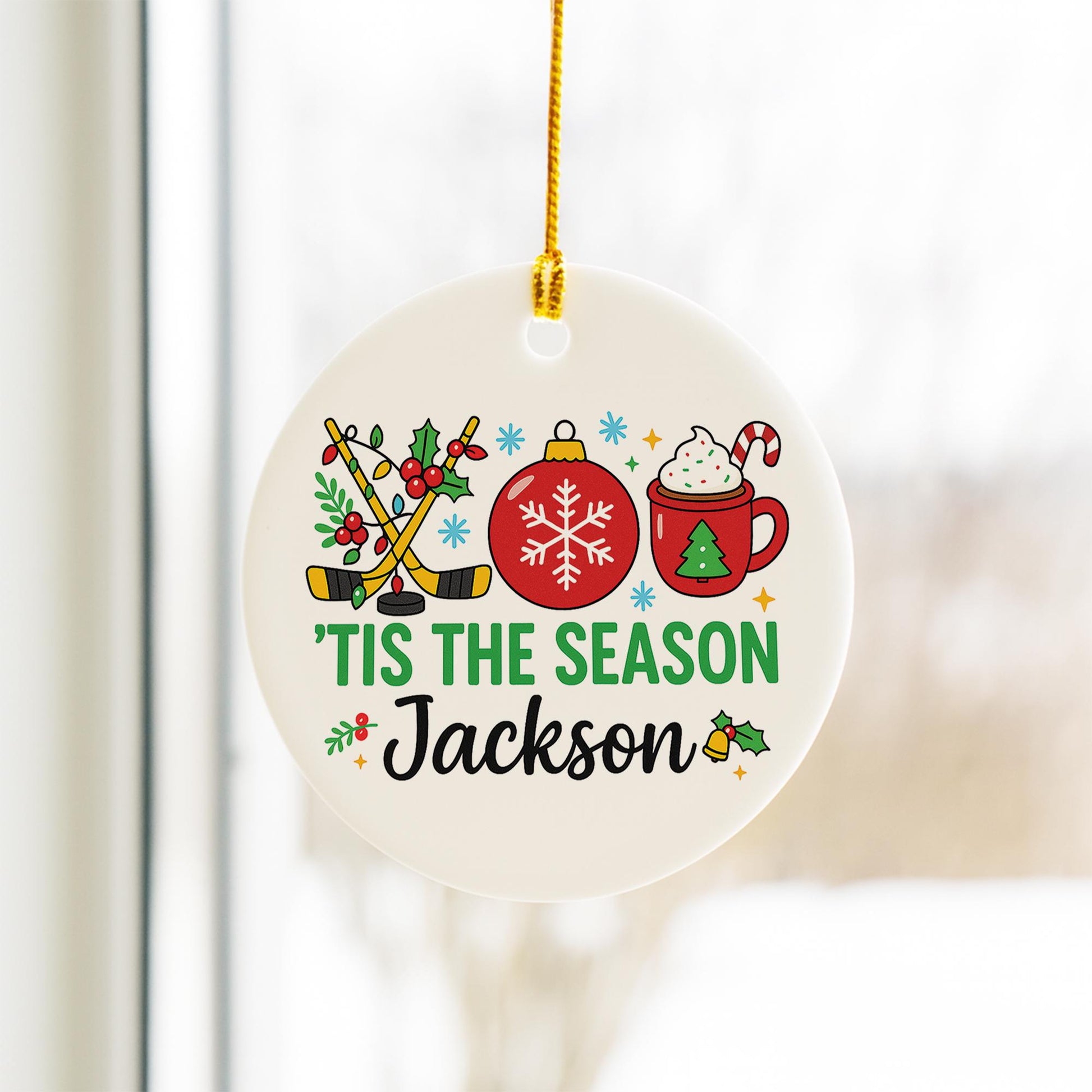 Personalized Hockey Christmas Ceramic Ornament - 'Tis the Season Hot Cocoa