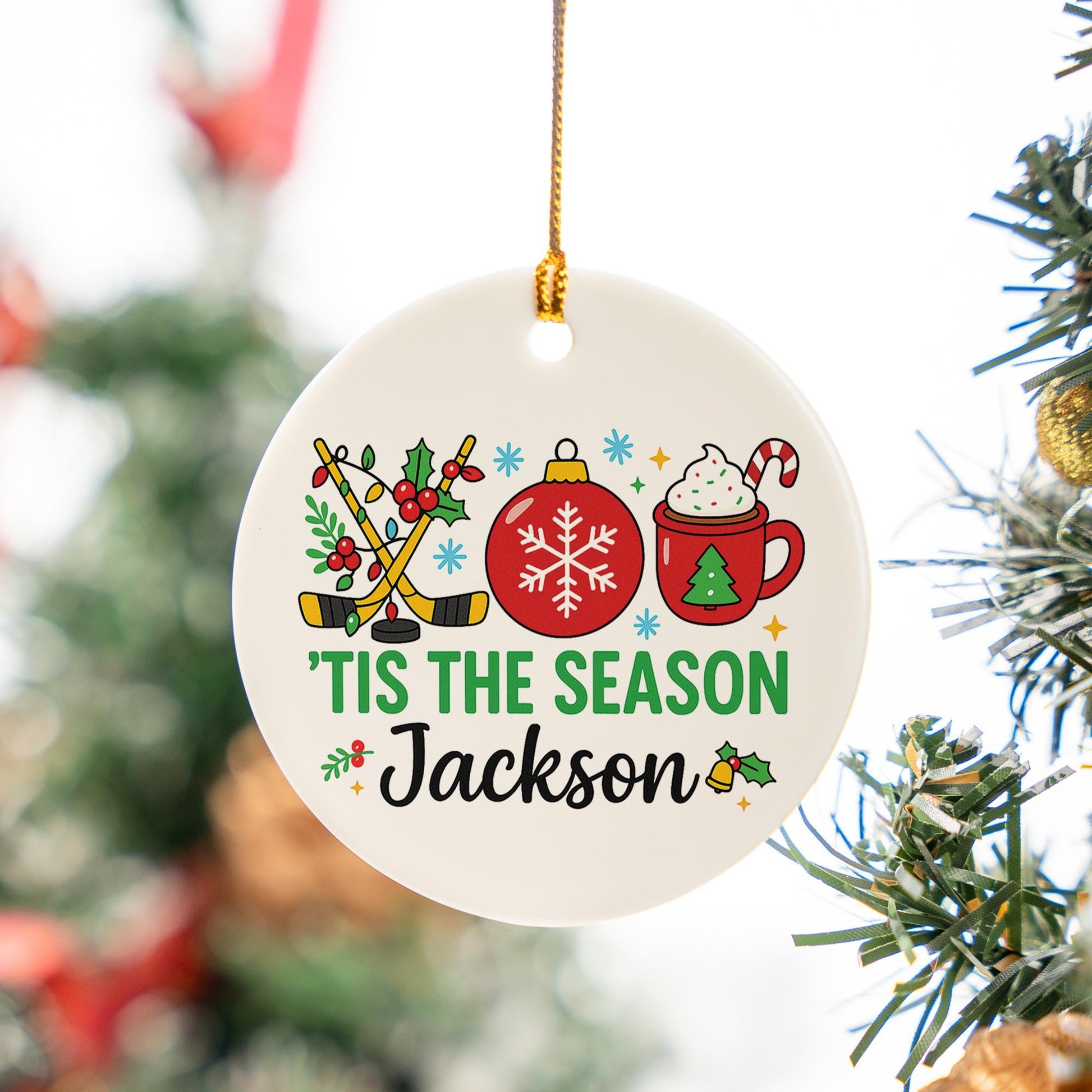 Personalized Hockey Christmas Ceramic Ornament - 'Tis the Season Hot Cocoa