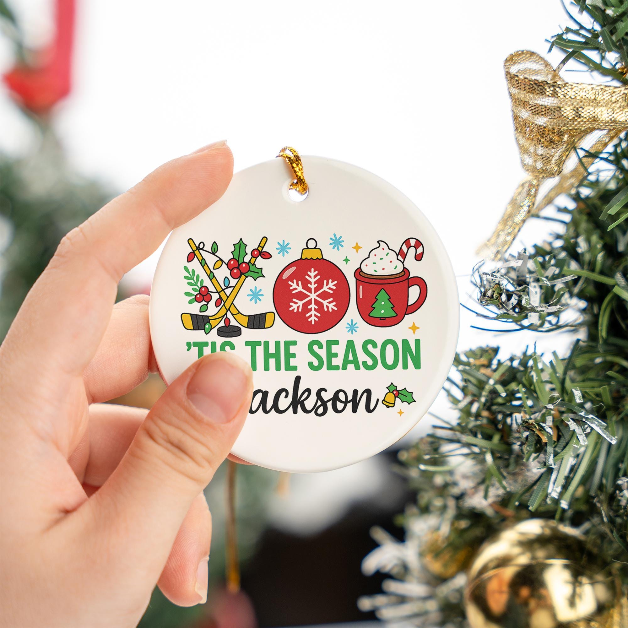 Personalized Hockey Christmas Ceramic Ornament - 'Tis the Season Hot Cocoa