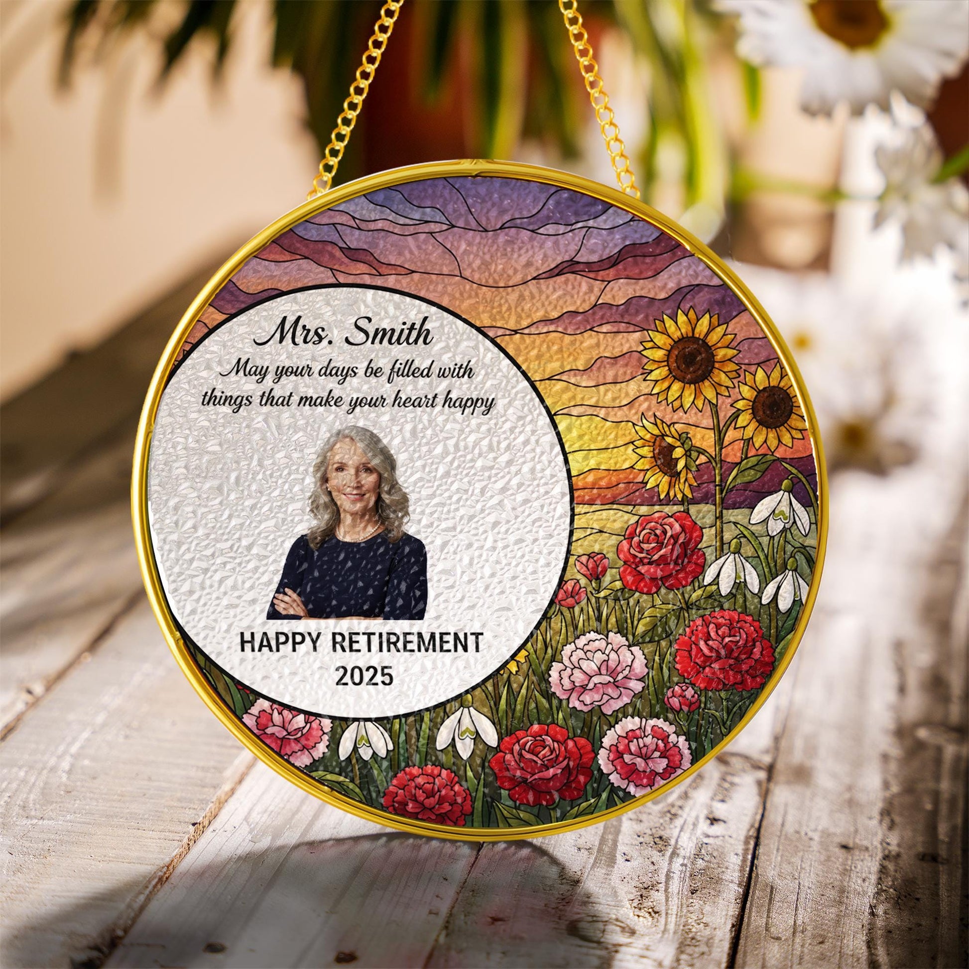 Personalized Glass Suncatcher – Gold Edge Floral Retirement Decoration
