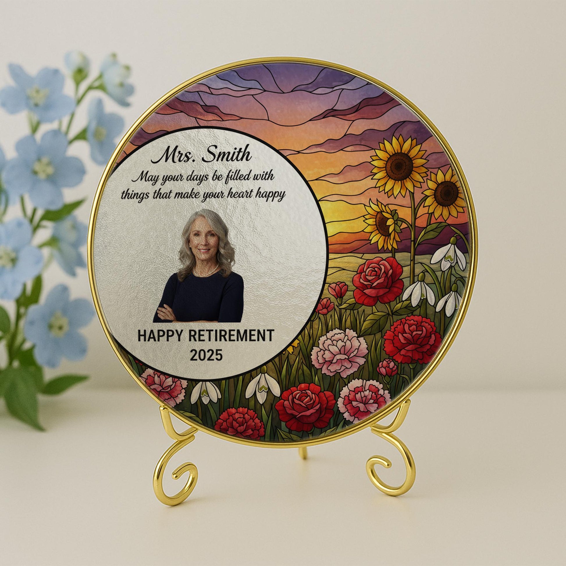 Personalized Glass Suncatcher – Gold Edge Floral Retirement Decoration