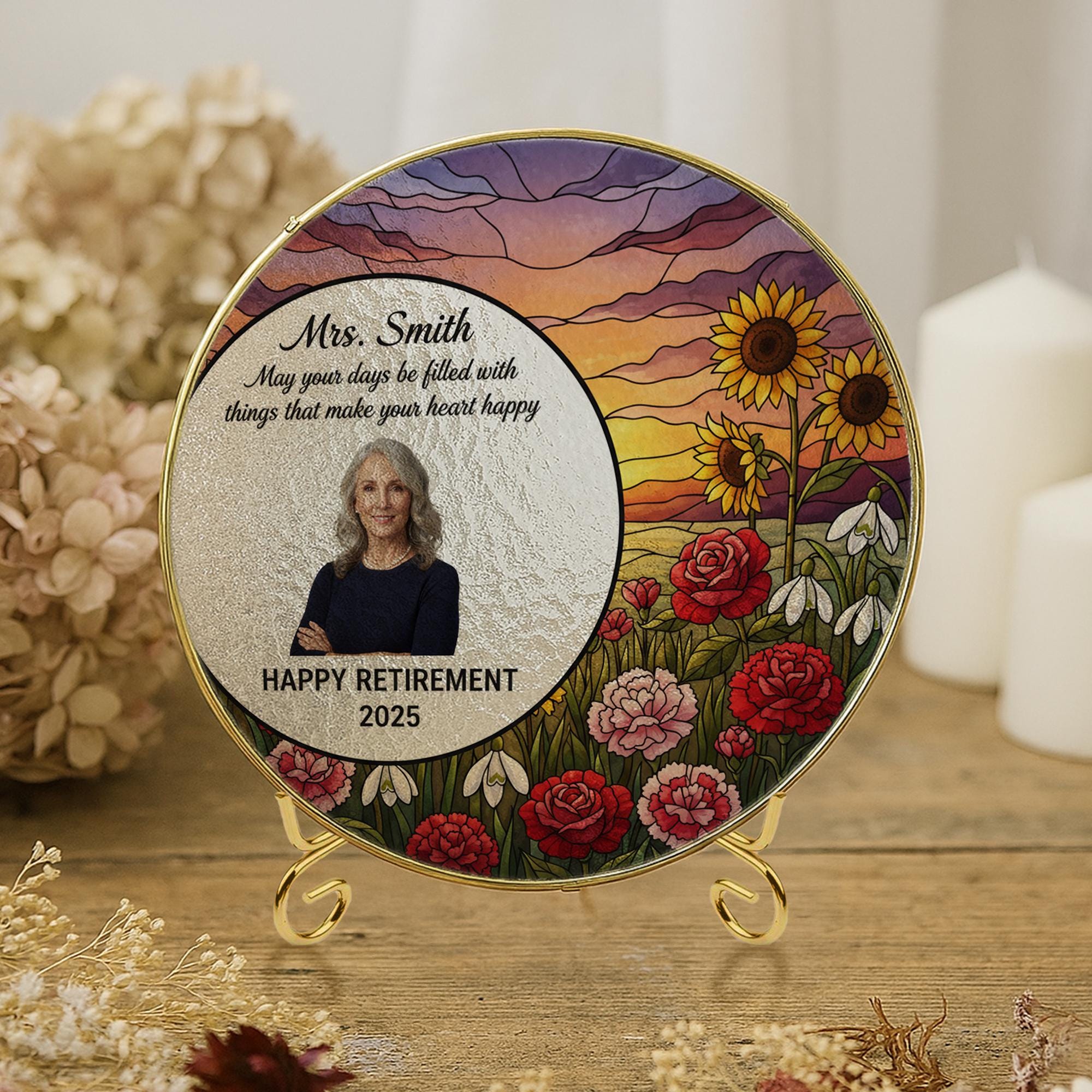 Personalized Glass Suncatcher – Gold Edge Floral Retirement Decoration