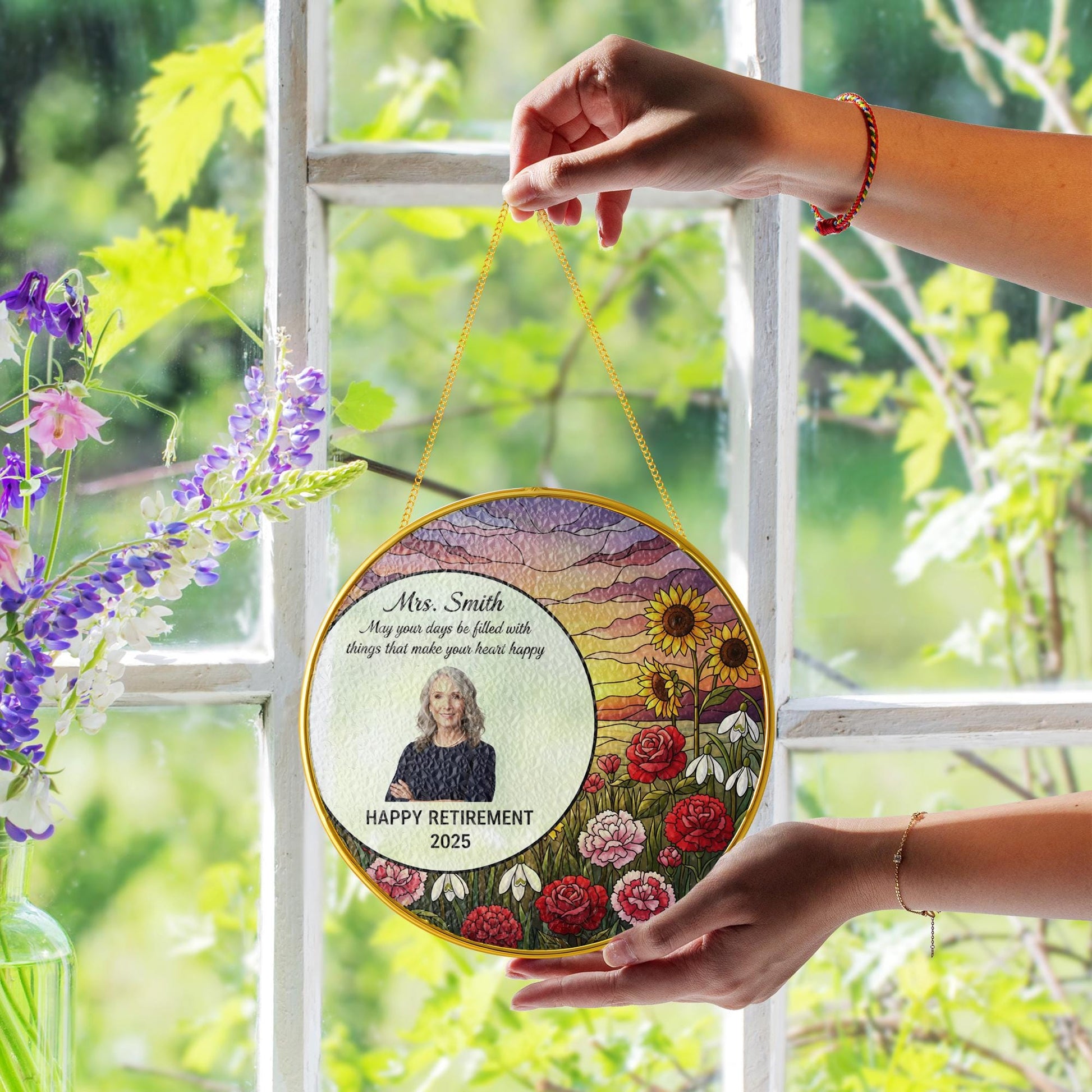 Personalized Glass Suncatcher – Gold Edge Floral Retirement Decoration