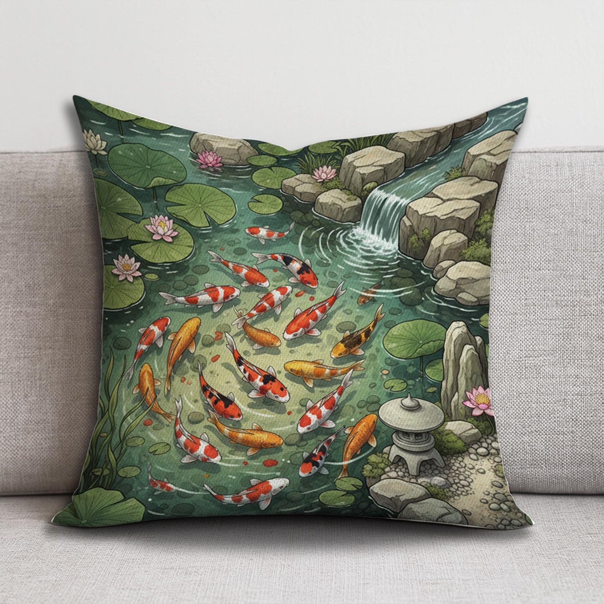Koi Fish Pillow – Japanese Pond Cushion with Waterfall and Lotus Design