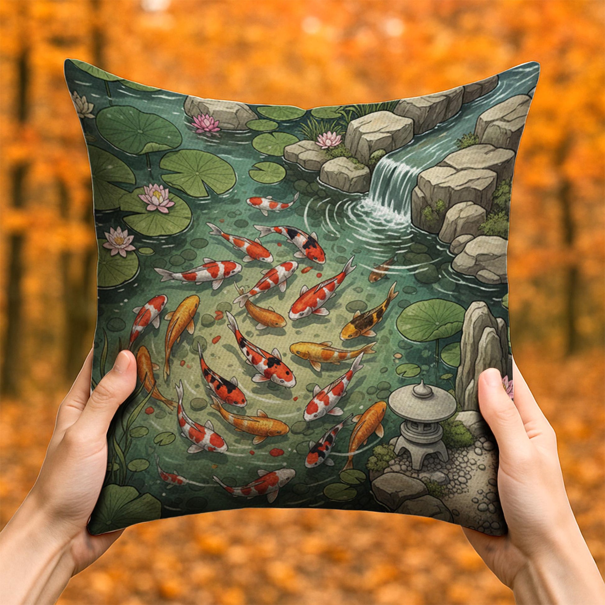 Koi Fish Pillow – Japanese Pond Cushion with Waterfall and Lotus Design