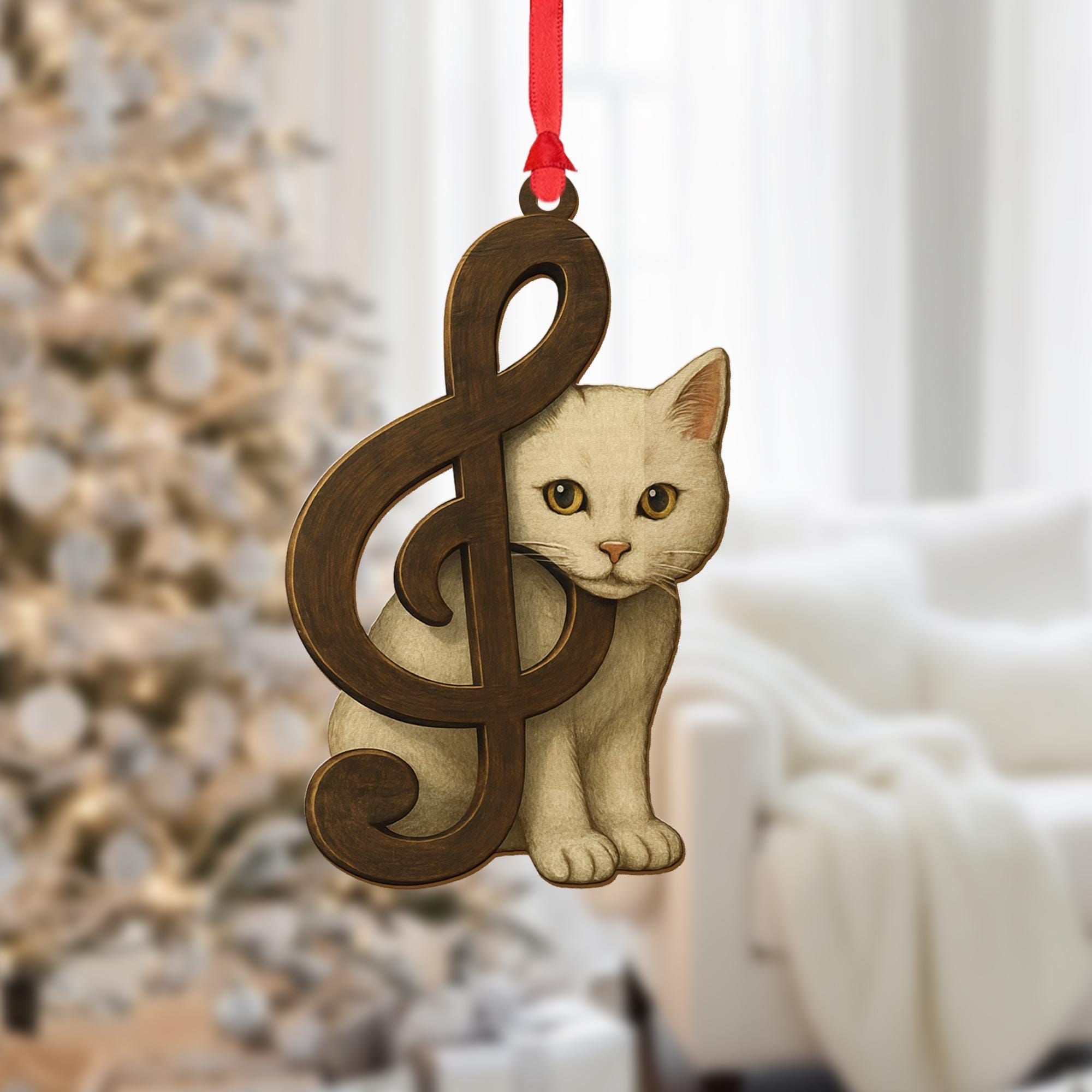 Wood Cat Ornament – Musical Treble Clef Christmas Decoration