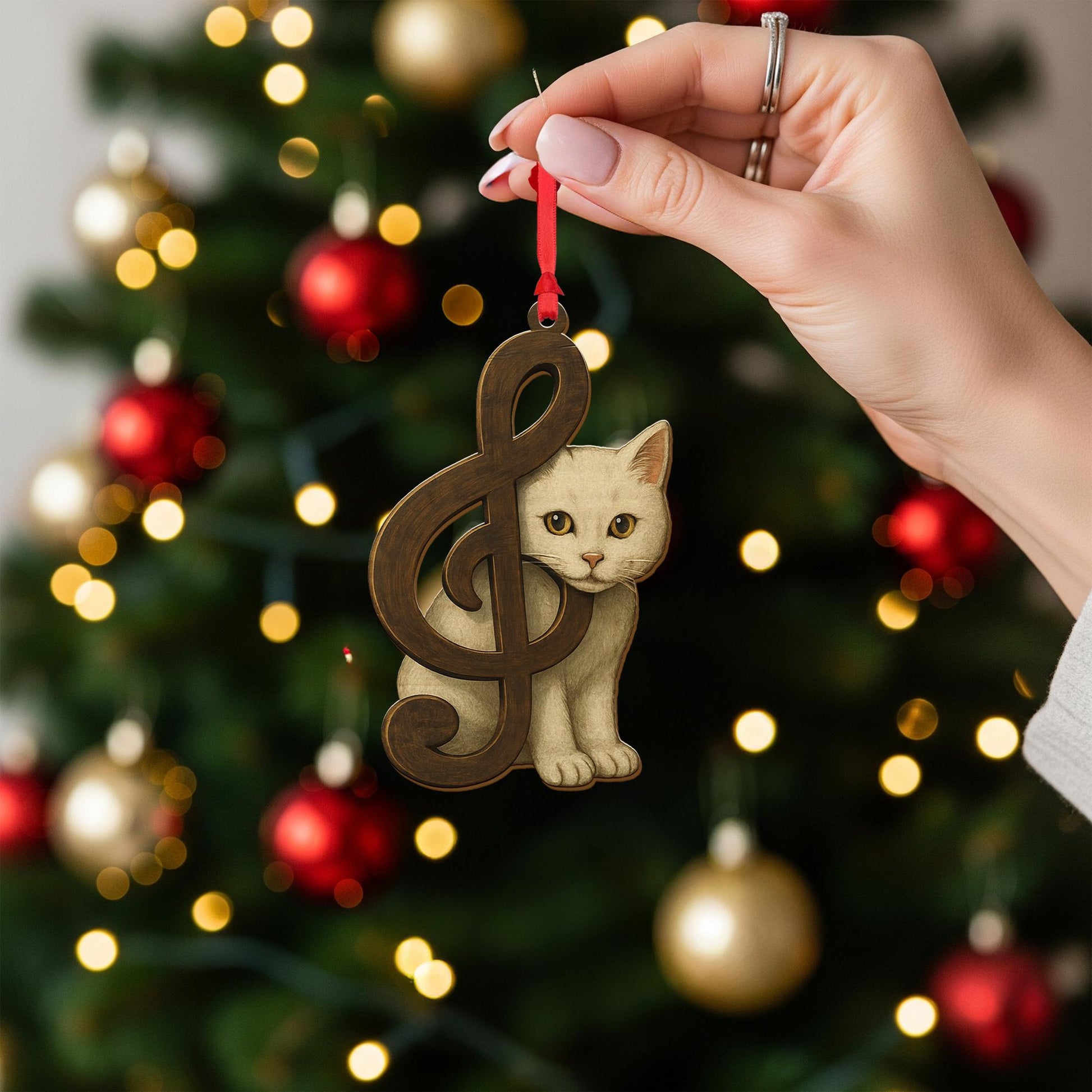 Wood Cat Ornament – Musical Treble Clef Christmas Decoration