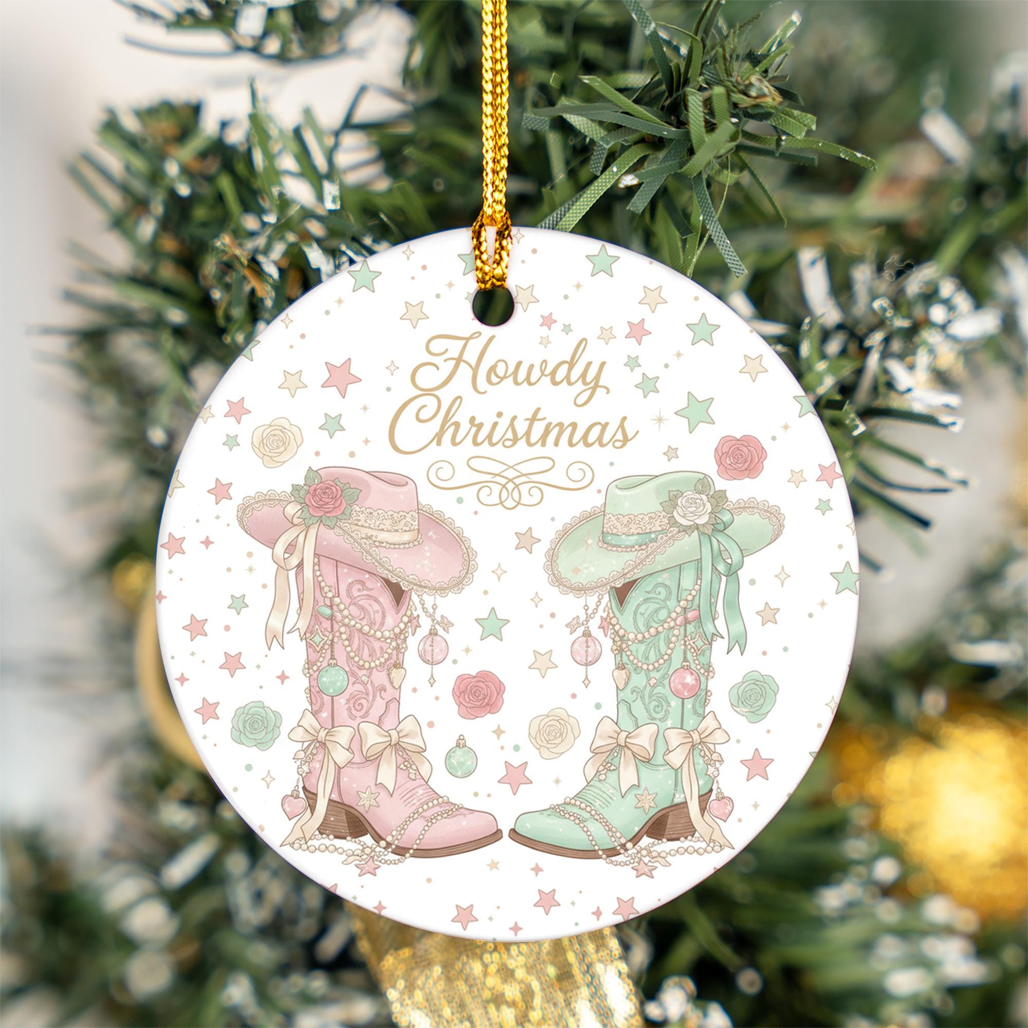 Howdy Christmas Cowgirl Boots Ornament - Pink and Teal Western Christmas Decor