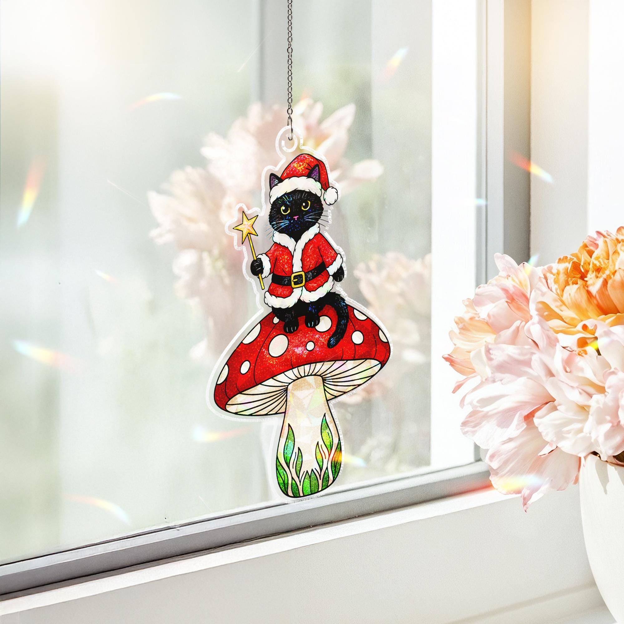 Black Cat Santa Acrylic Window Hanging: Hologram Christmas Decoration