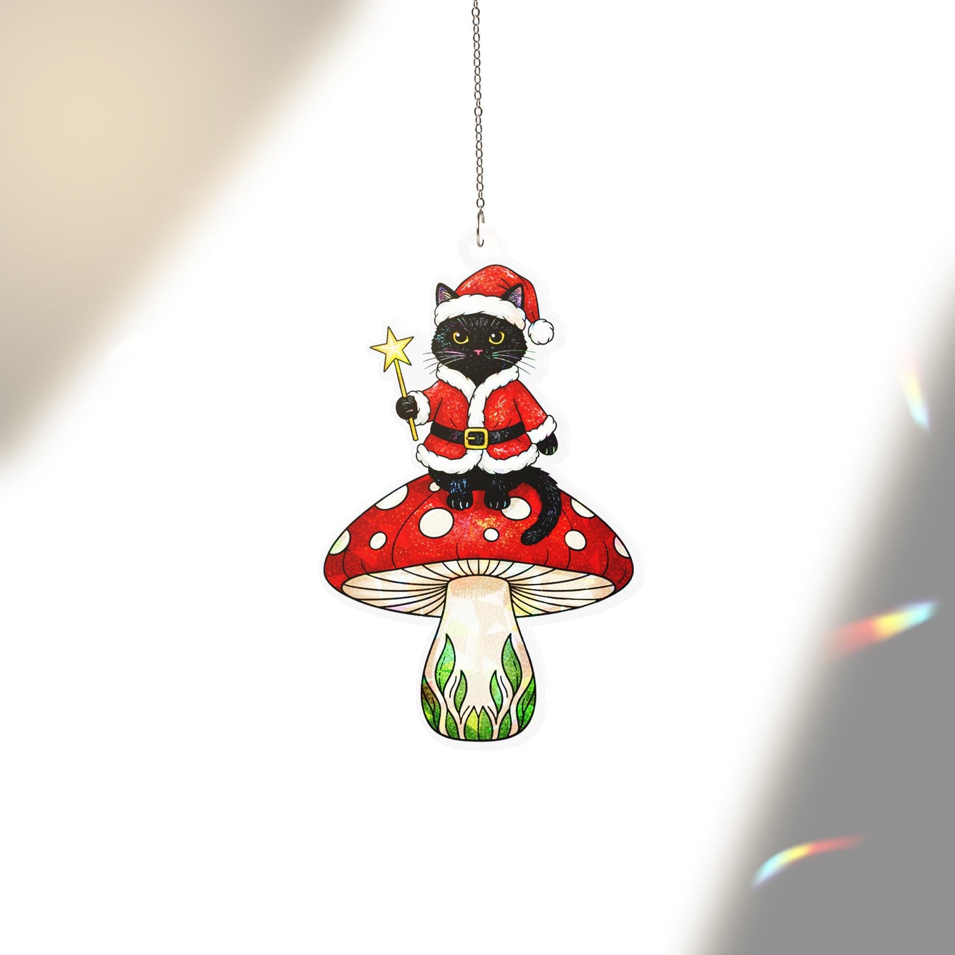 Black Cat Santa Acrylic Window Hanging: Hologram Christmas Decoration